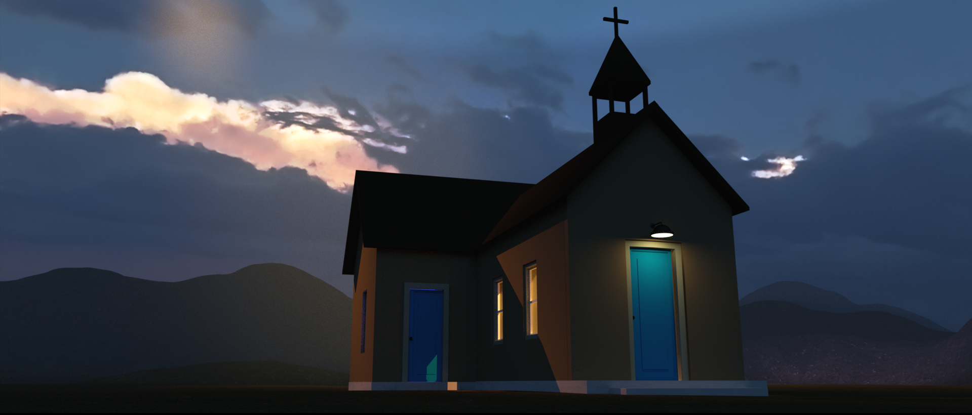 Twilight Church 4 - Digital Image by Victoria Taylor-Gore, 2024. Built in Blender and Daz3d. No AI was used.