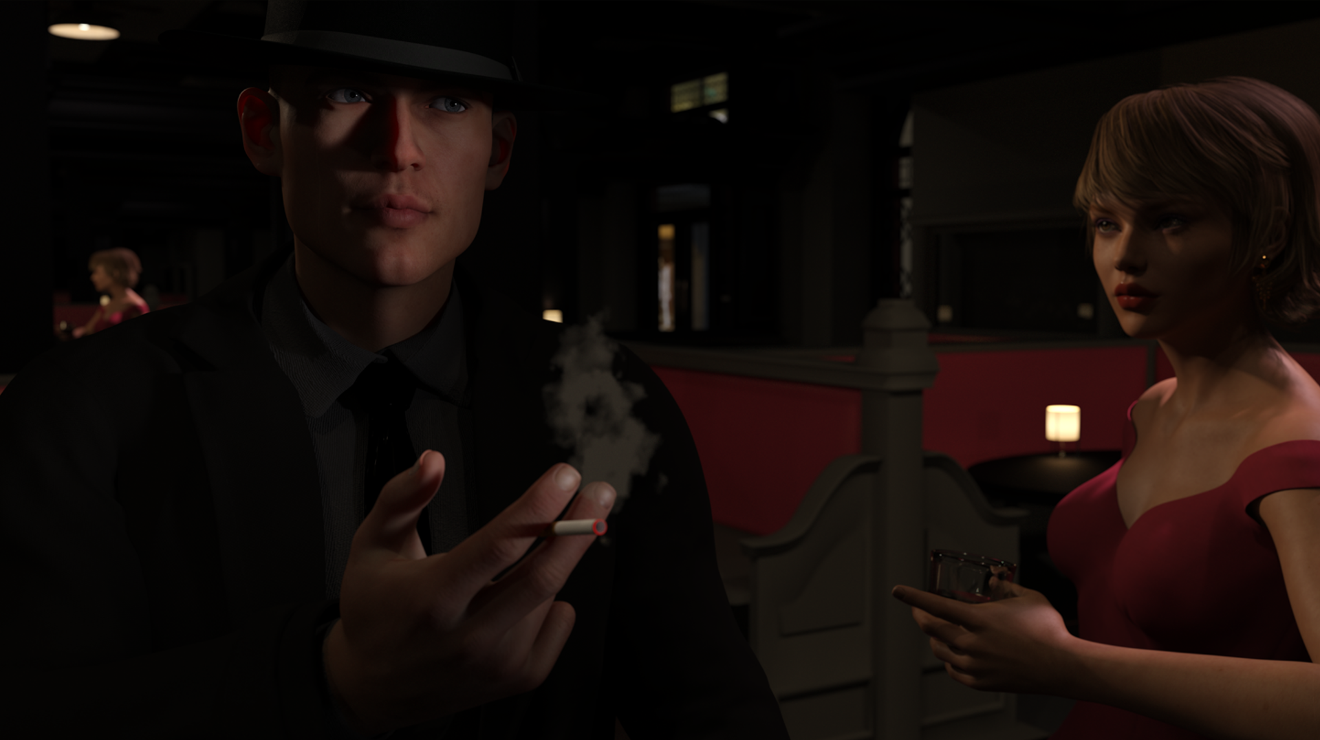 Couple at the Bar - Digital Image by Victoria Taylor-Gore, 2024. I created this with Daz3d, and no AI was used. 