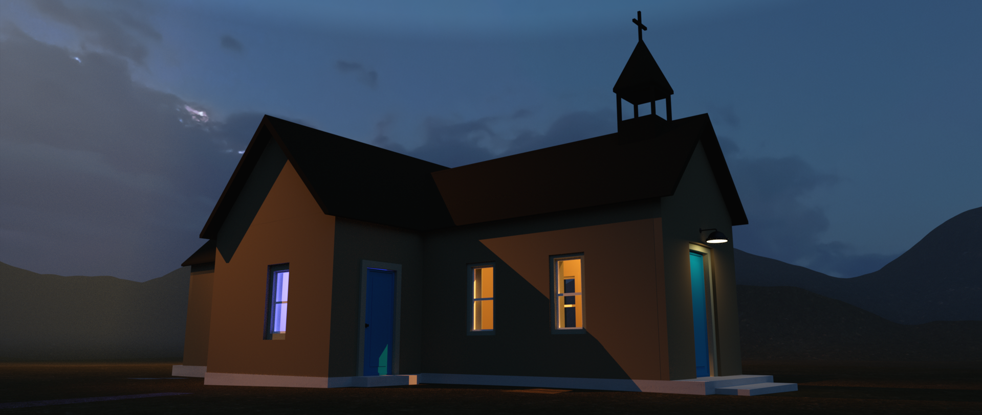 Twilight Church 3 - Digital Image by Victoria Taylor-Gore, 2024. Built in Blender and Daz3d. No AI was used.