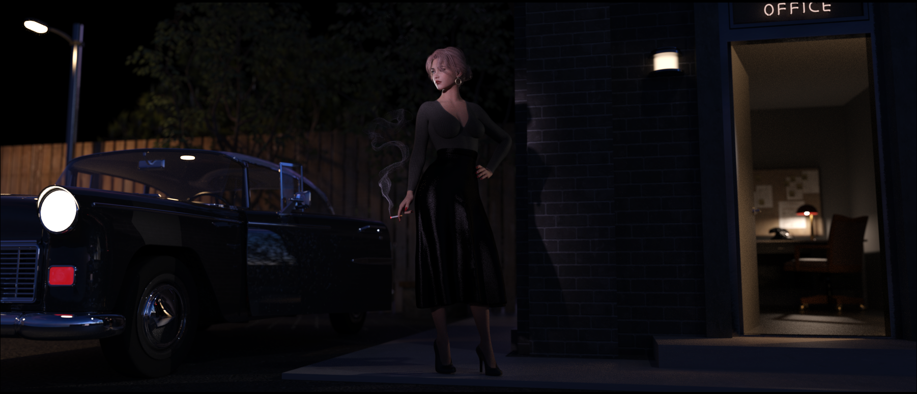 Downtown Shadows - Digital Image by Victoria Taylor-Gore, 2024. I created this with Daz3d, and no AI was used. 