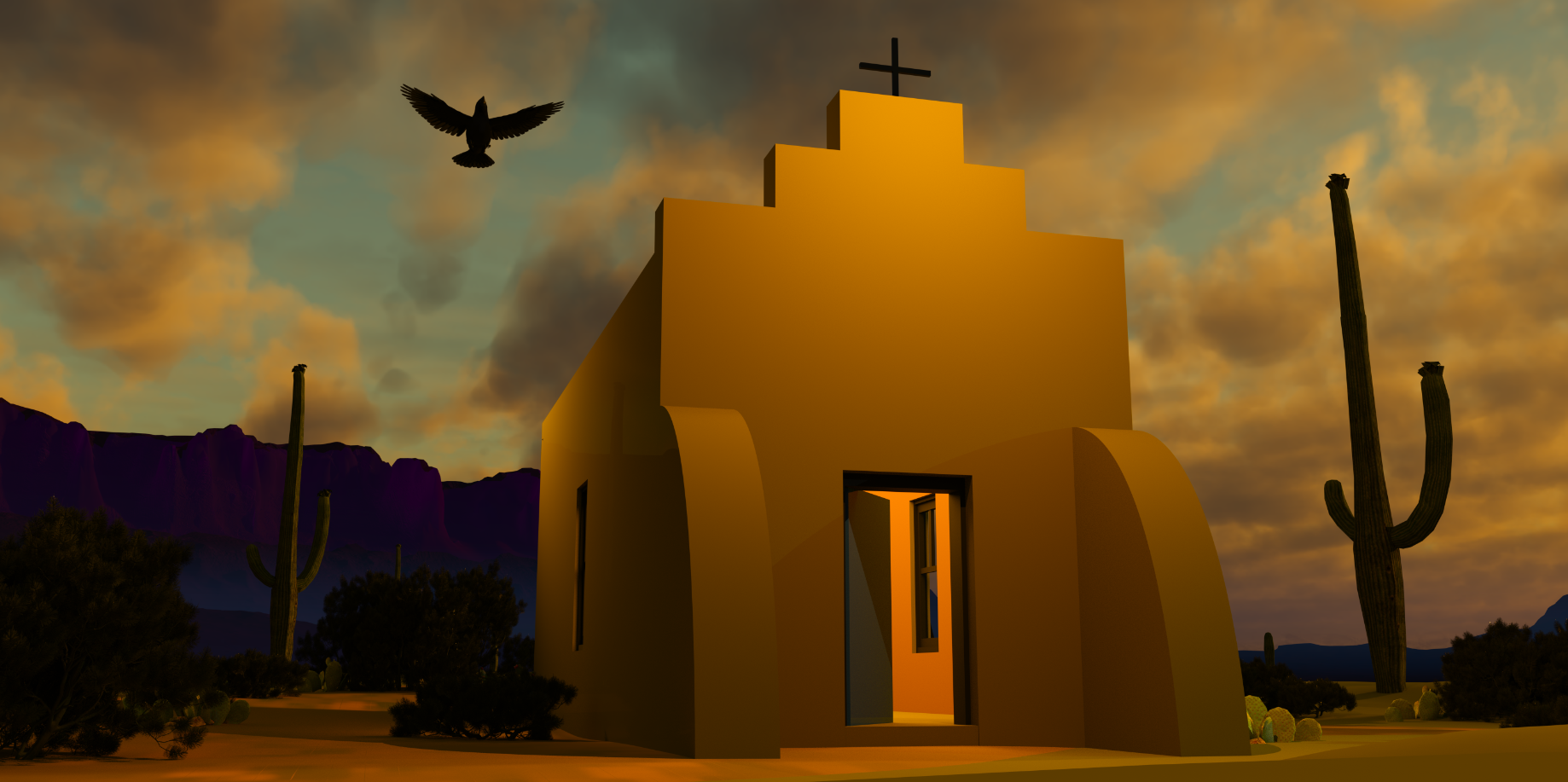 Desert Church with Black Bird - Digital Image by Victoria Taylor-Gore, 2024. Built in Blender and Daz3d. No AI was used.