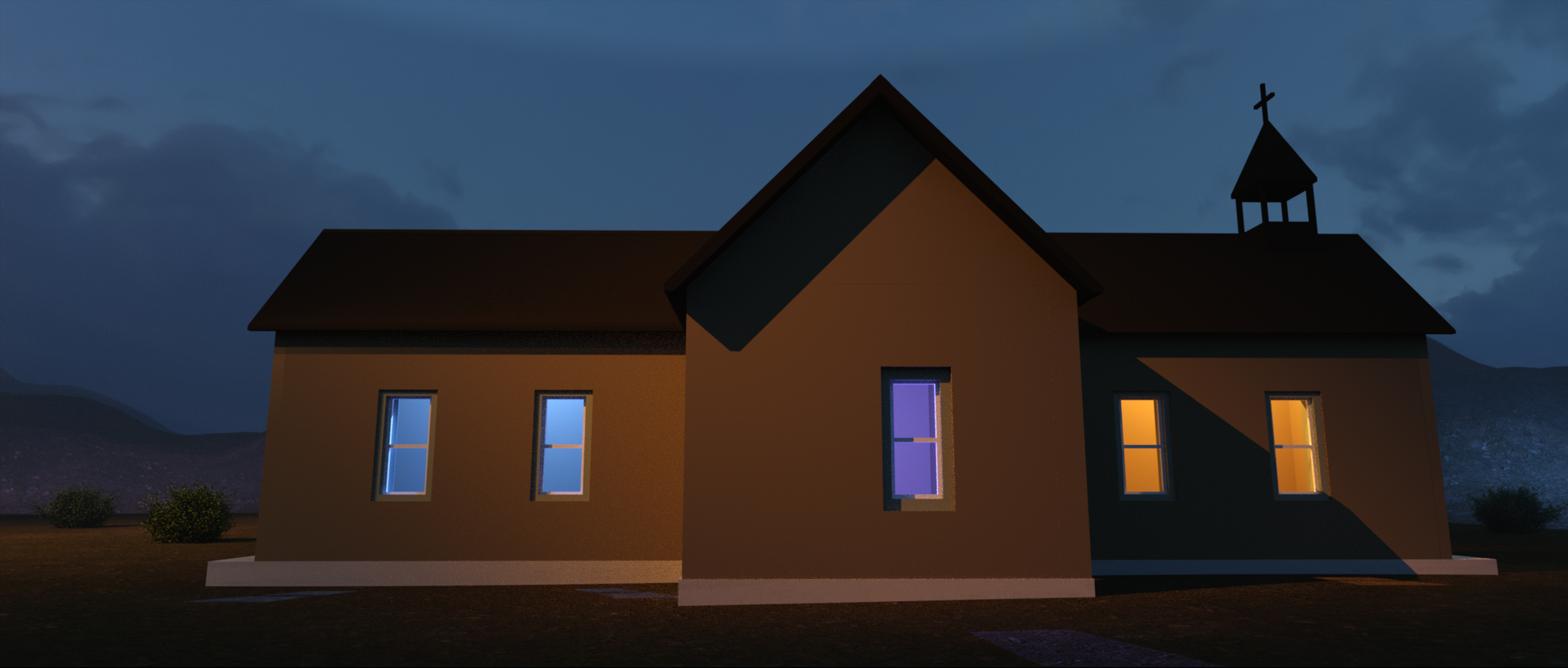 Twilight Church 1 - Digital Image by Victoria Taylor-Gore, 2024. Built in Blender and Daz3d. No AI was used.