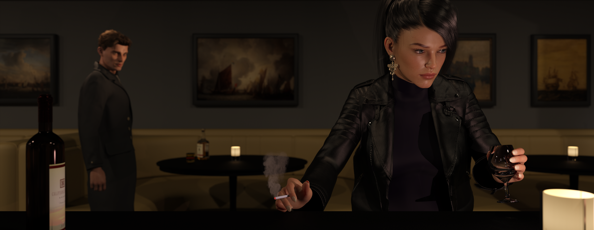 Woman at the Bar - Digital Image by Victoria Taylor-Gore, 2024. I created this with Daz3d, and no AI was used. 