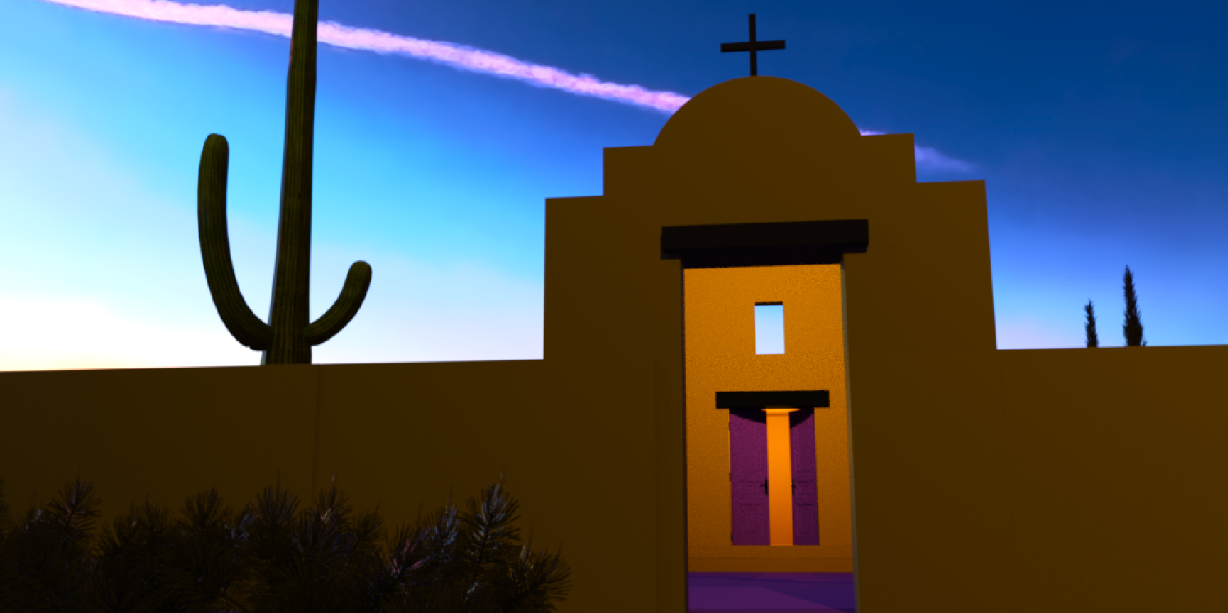 Desert Church - Digital Image by Victoria Taylor-Gore, 2024. Built in Blender and Daz3d. No AI was used.