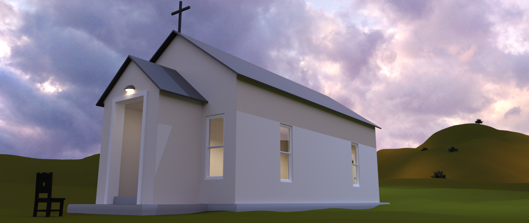 White Church 2 - Digital Image by Victoria Taylor-Gore, 2024. Built in Blender and Daz3d. No AI was used.