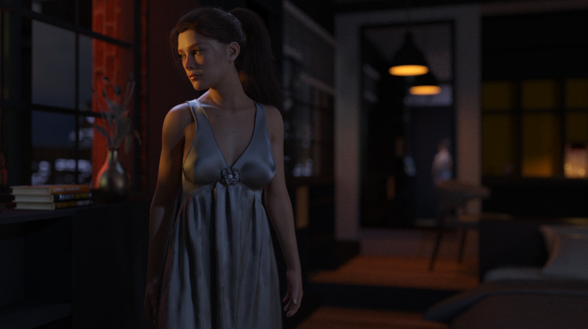 Woman in a Nightgown - Digital Image by Victoria Taylor-Gore, 2024. I created this with Daz3d, and no AI was used. 