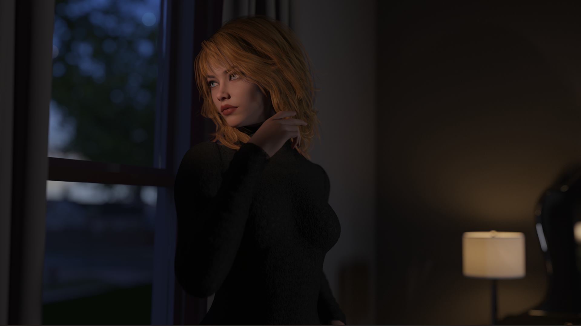 Woman at the Window - Digital Image by Victoria Taylor-Gore, 2024. I created this with Daz3d, and no AI was used. 