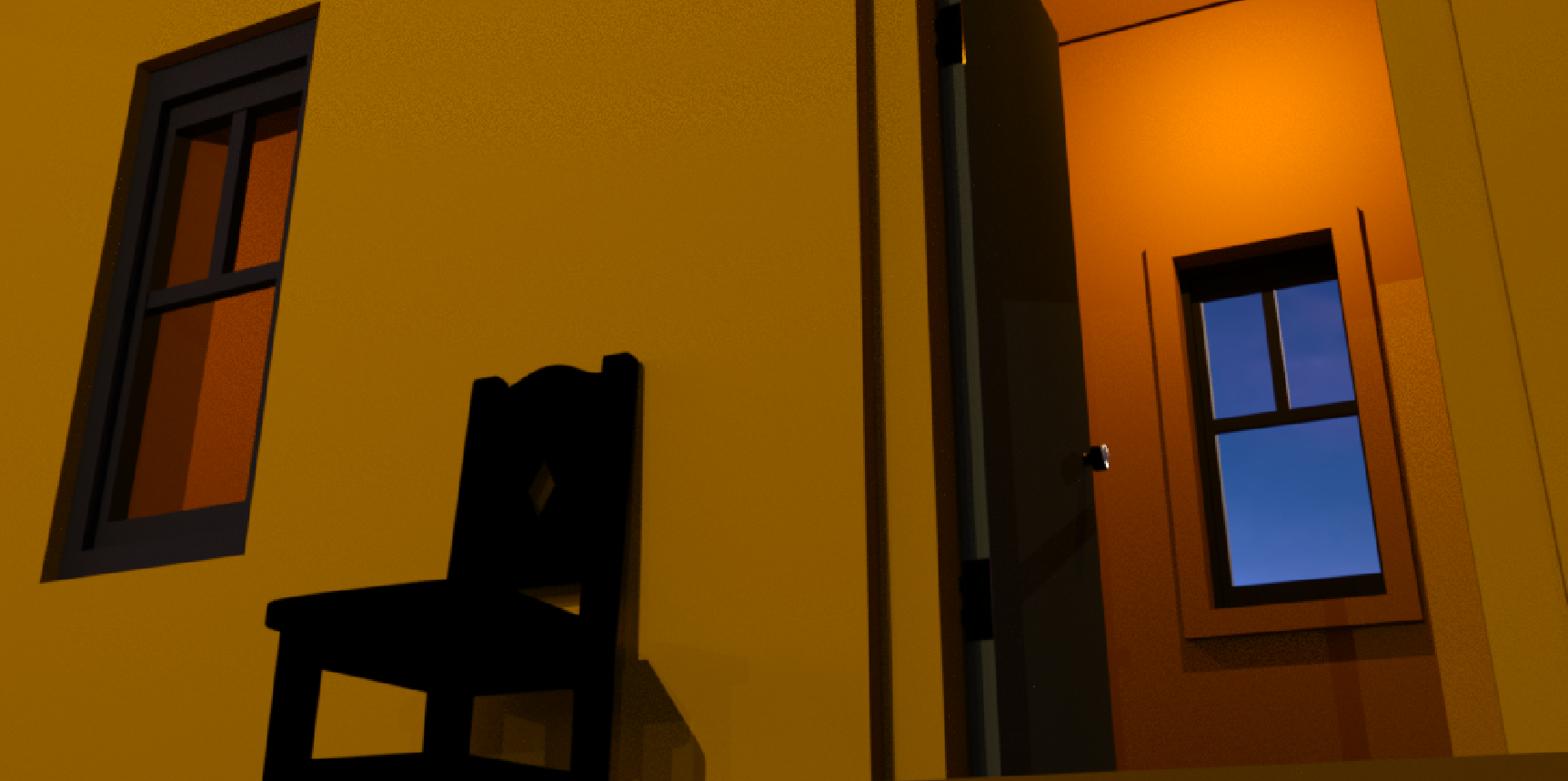 Chair by the Door - Digital Image by Victoria Taylor-Gore, 2024. Built in Blender and Daz3d. No AI was used.