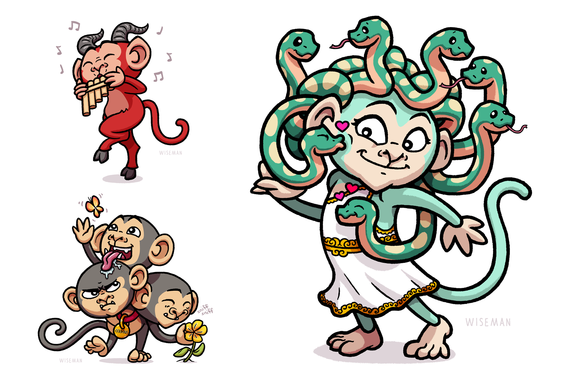 monkeys dressed as Pan, Cerberus, and Medusa