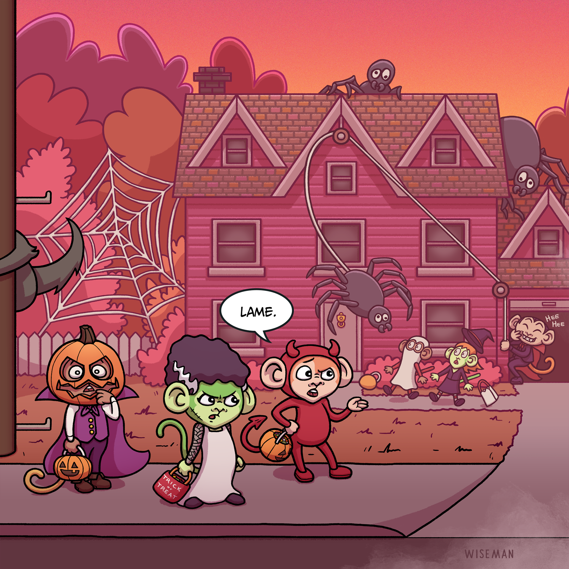 Young monkeys in costumes looking at lame practical joke