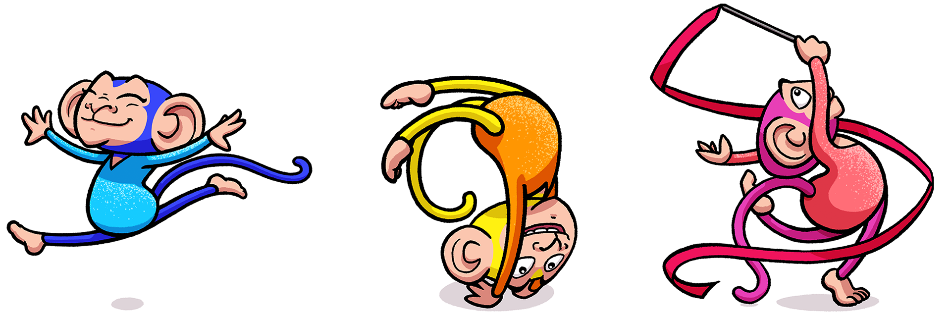 three monkeys performing rhythmic gymnastics