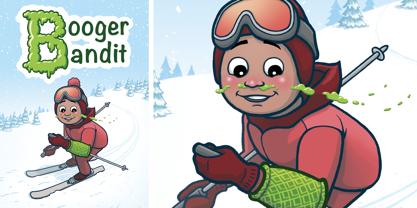 boy skiing down hill with boogers flying out of nose