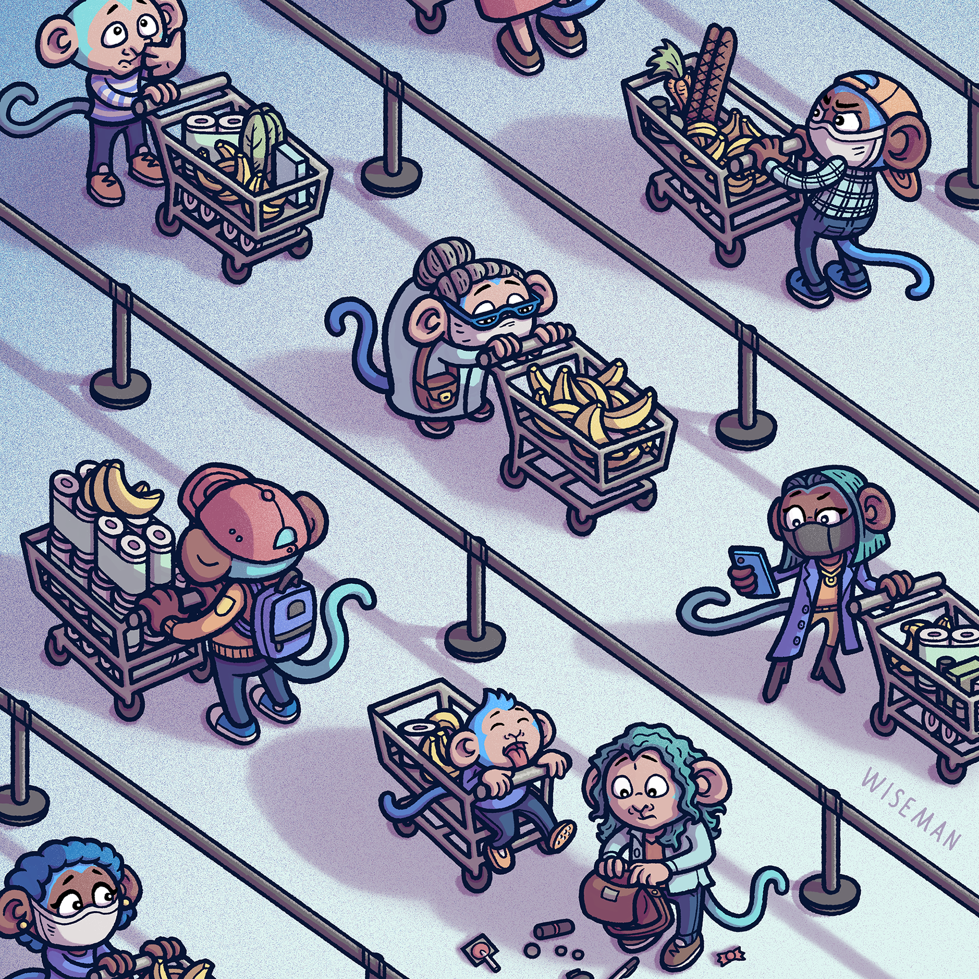 monkeys social distancing at grocery store