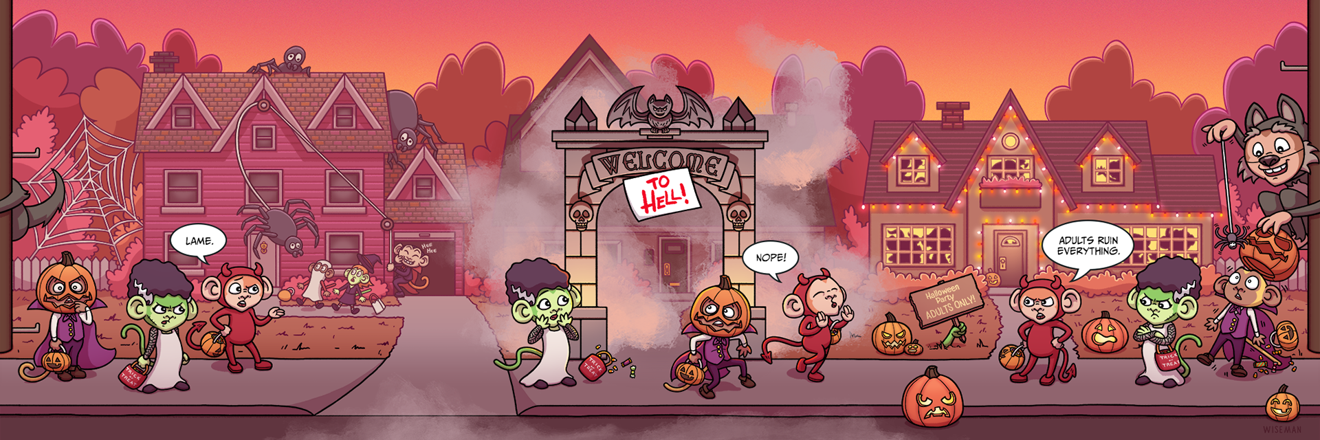 sequential Halloween scene of three young monkeys in costumes