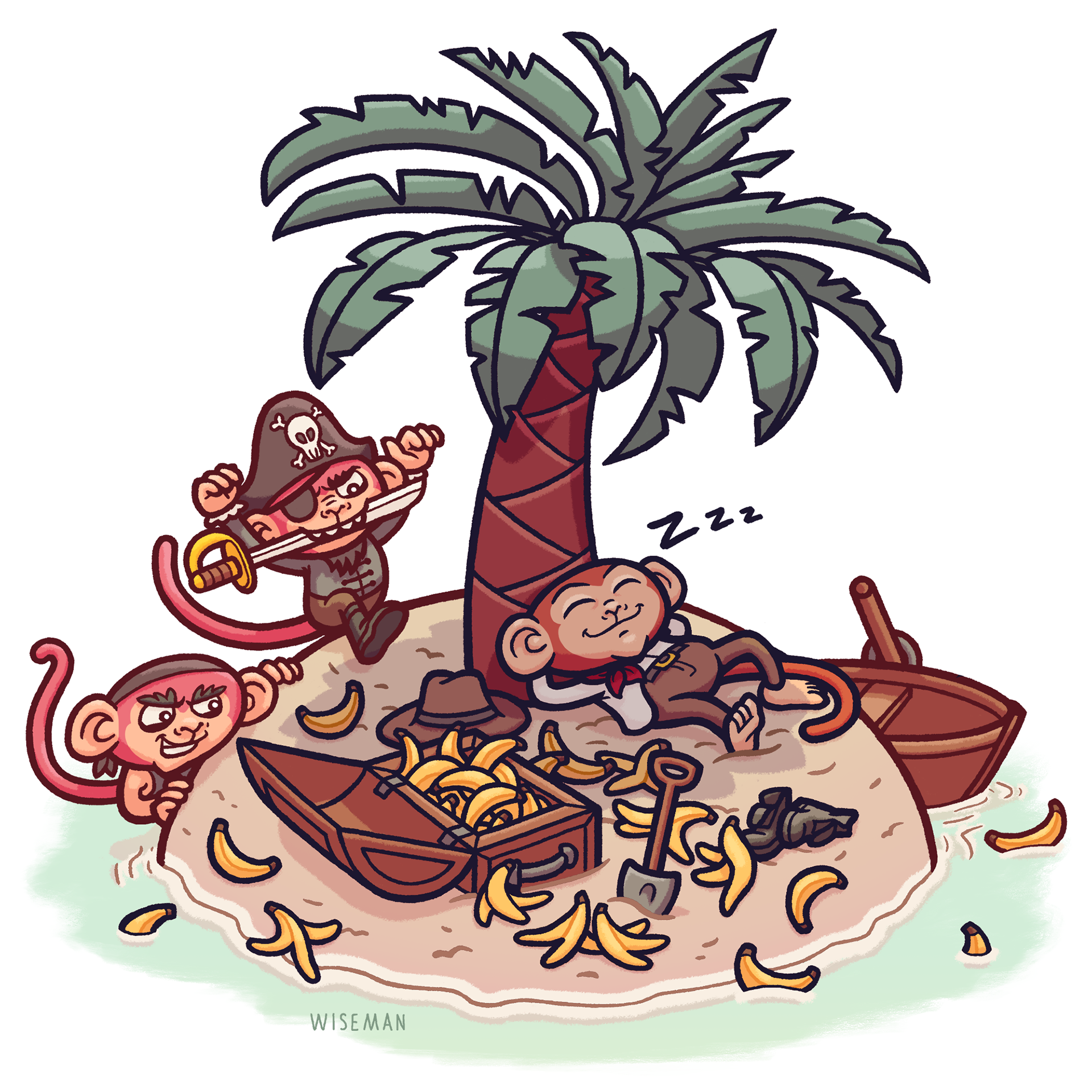 Pirate monkey sneaking behind sleeping monkey