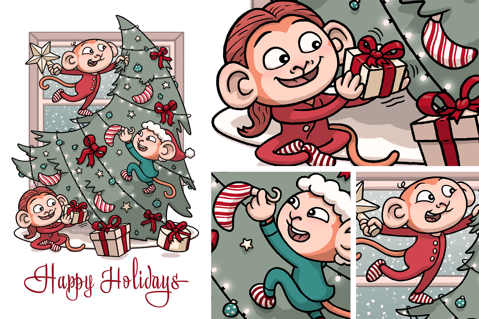 Monkeys decorating a Christmas tree