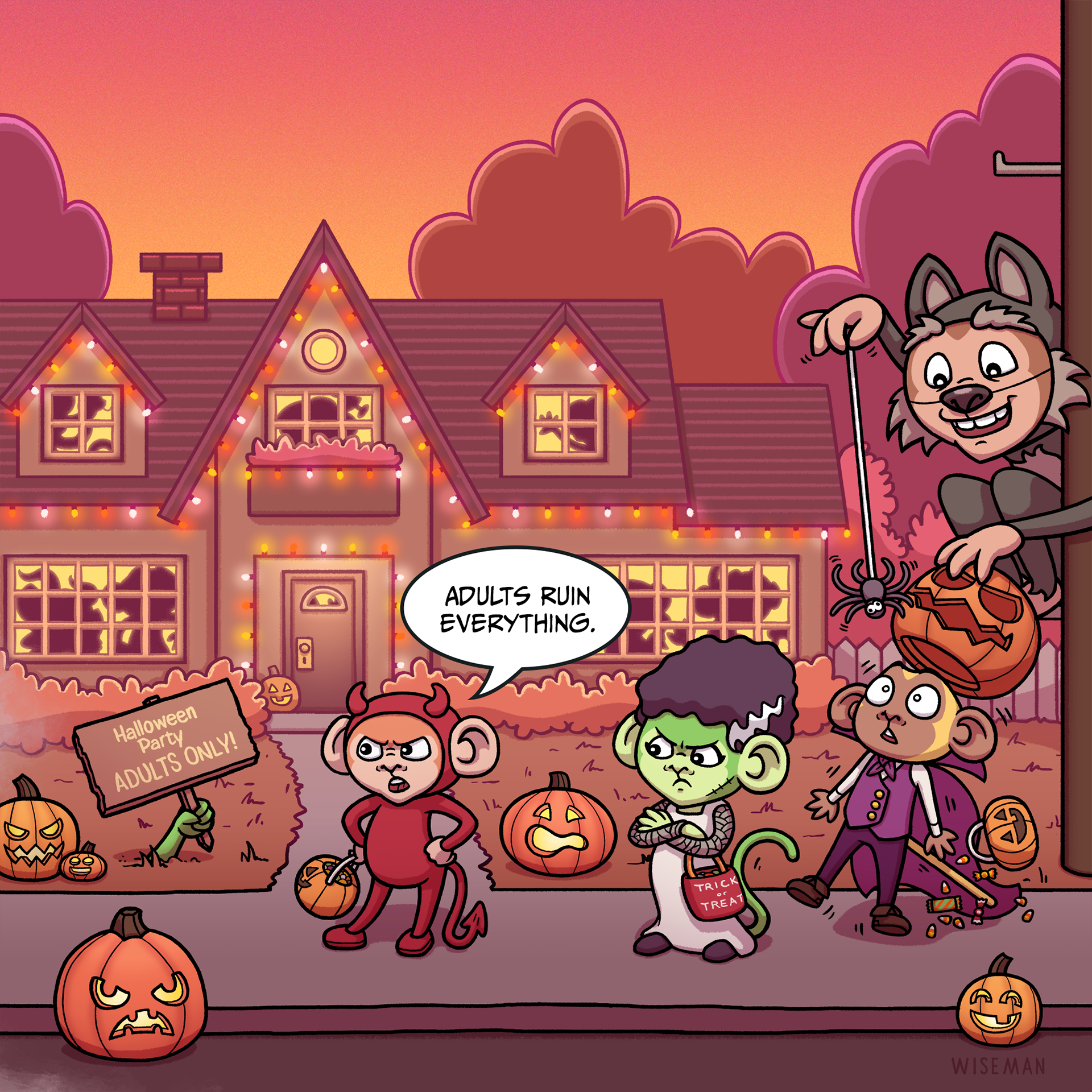 Young monkeys in costumes stating that adults ruin everything