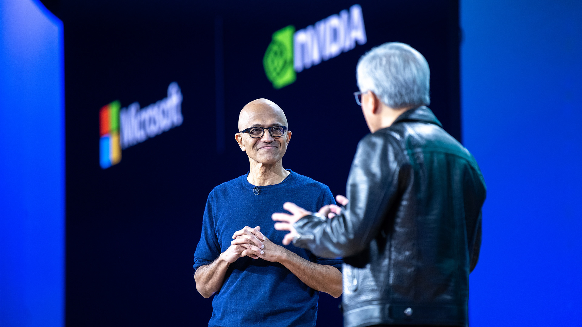 Microsoft CEO, Satya Nadella, and NVIDIA CEO, Jenson Huang, during the keynote at Microsoft Ignite in Seattle