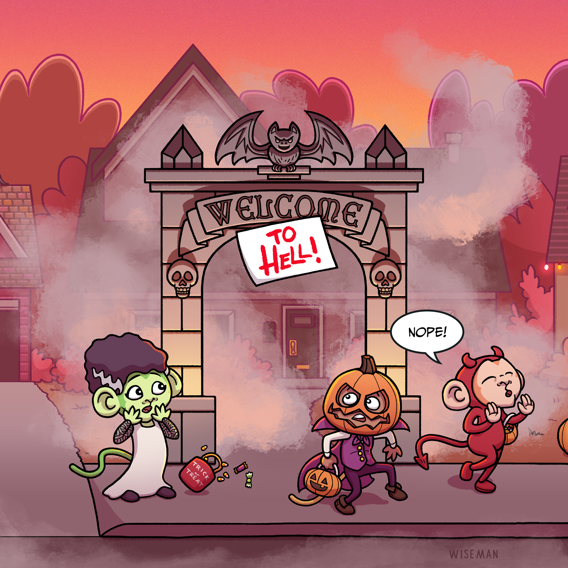 Young monkeys in costumes skipping a scary house