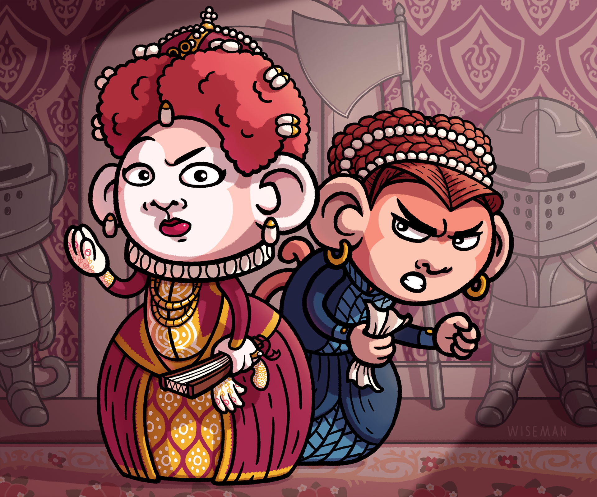 Mary Queen of Scots monkey angrily standing behind Elizabeth I monkey