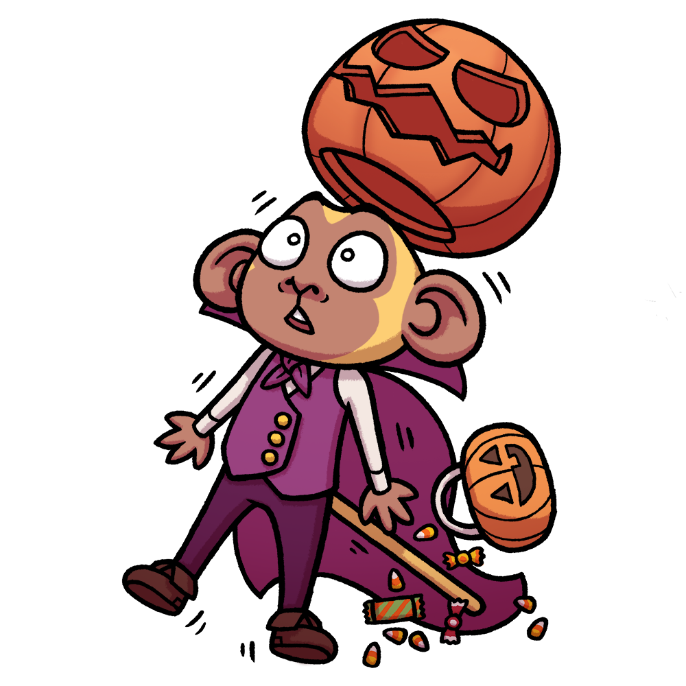 detail of young monkey wearing headless horseman costume