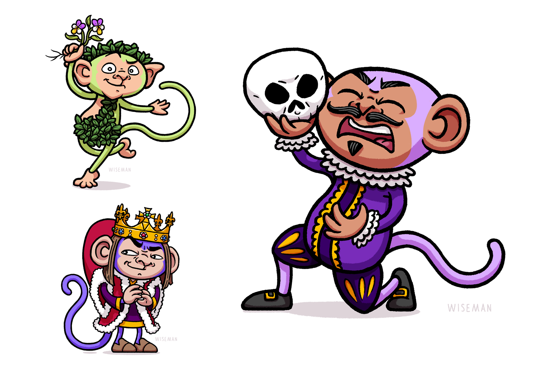 monkeys dressed as Puck, Richard III, and Hamlet