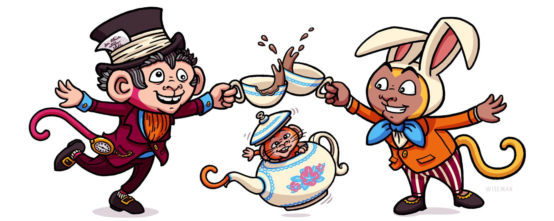 monkeys dressed as the Hatter, March Hare, and Dormouse
