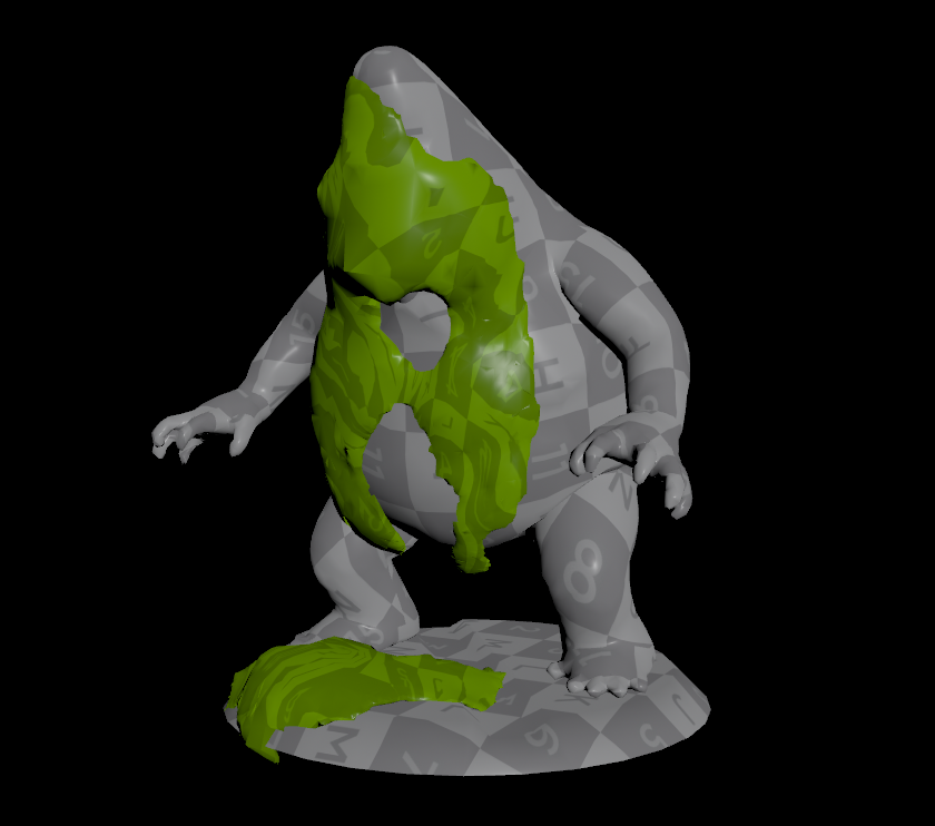 Dissolving mesh for Glorkon, the sim is played forward quickly to splat and in reverse slowly to dissolve.