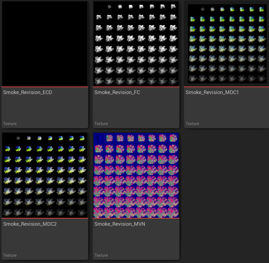 Smoke, Depth, Color, Multi Directional component 1 - 2, Normals and Motion Vectors.