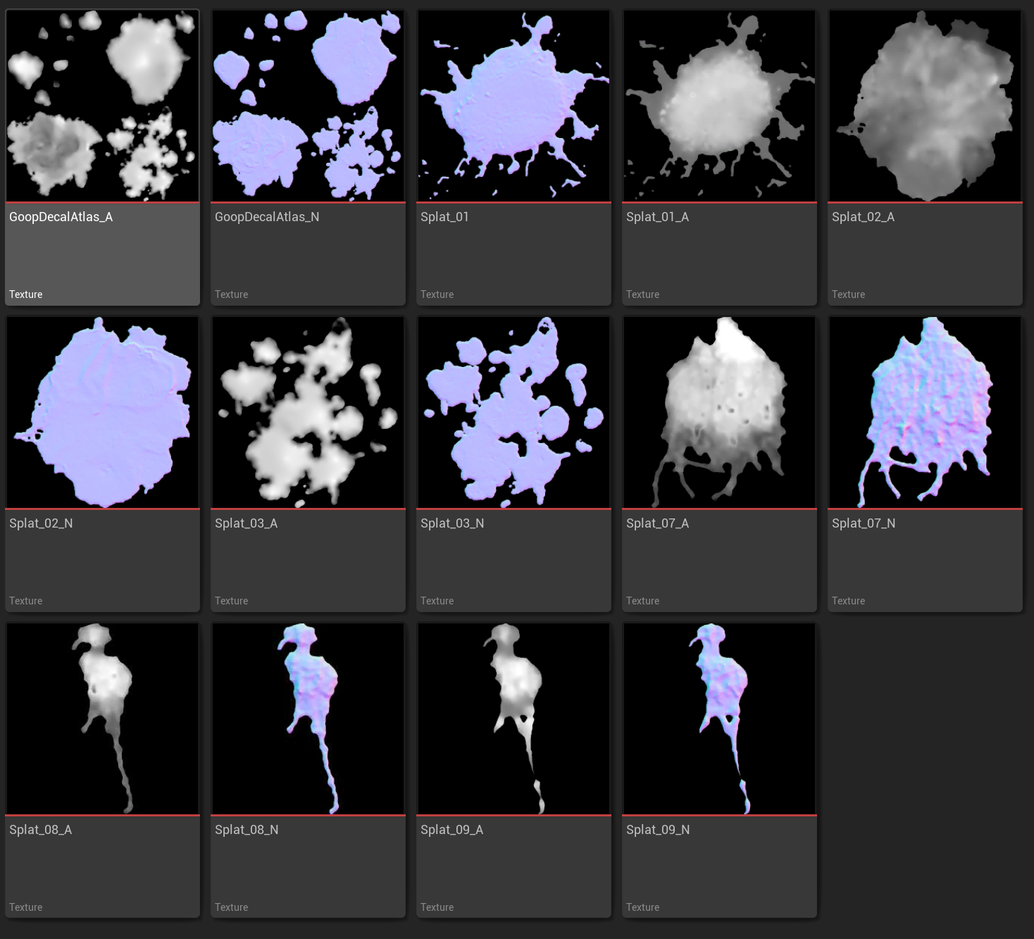 Decals were created using specialized fluid simulations and attribute tools to generate thickness and normals.