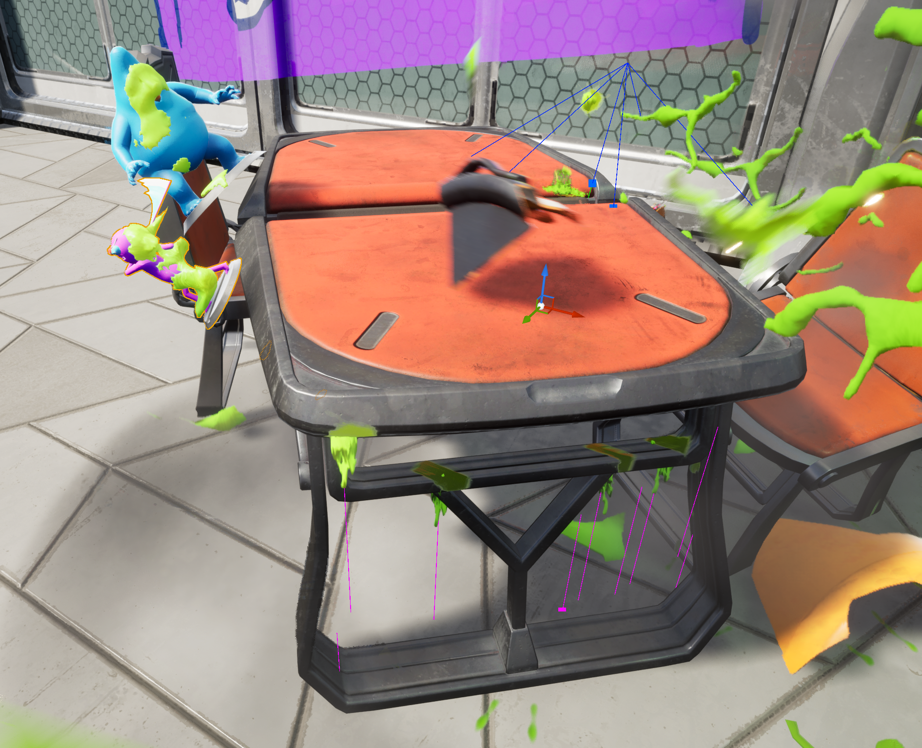 Checking the surface for a usable average location to ensure particles don't overhang and float over nothing. (Noted with blue debug)