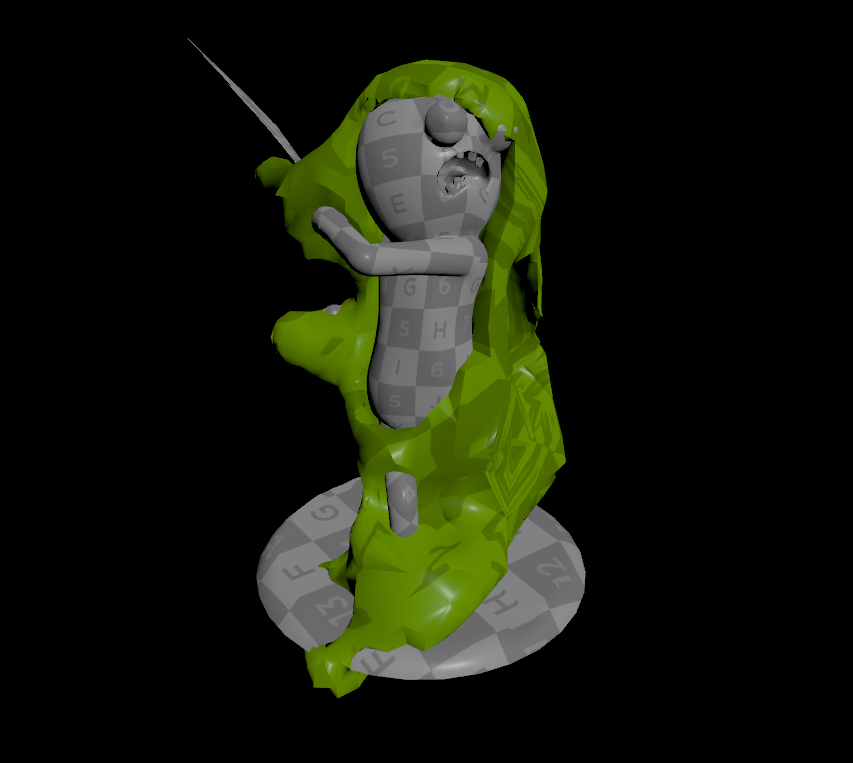 Dissolving mesh for Trover, the sim is played forward quickly to splat and in reverse slowly to dissolve.