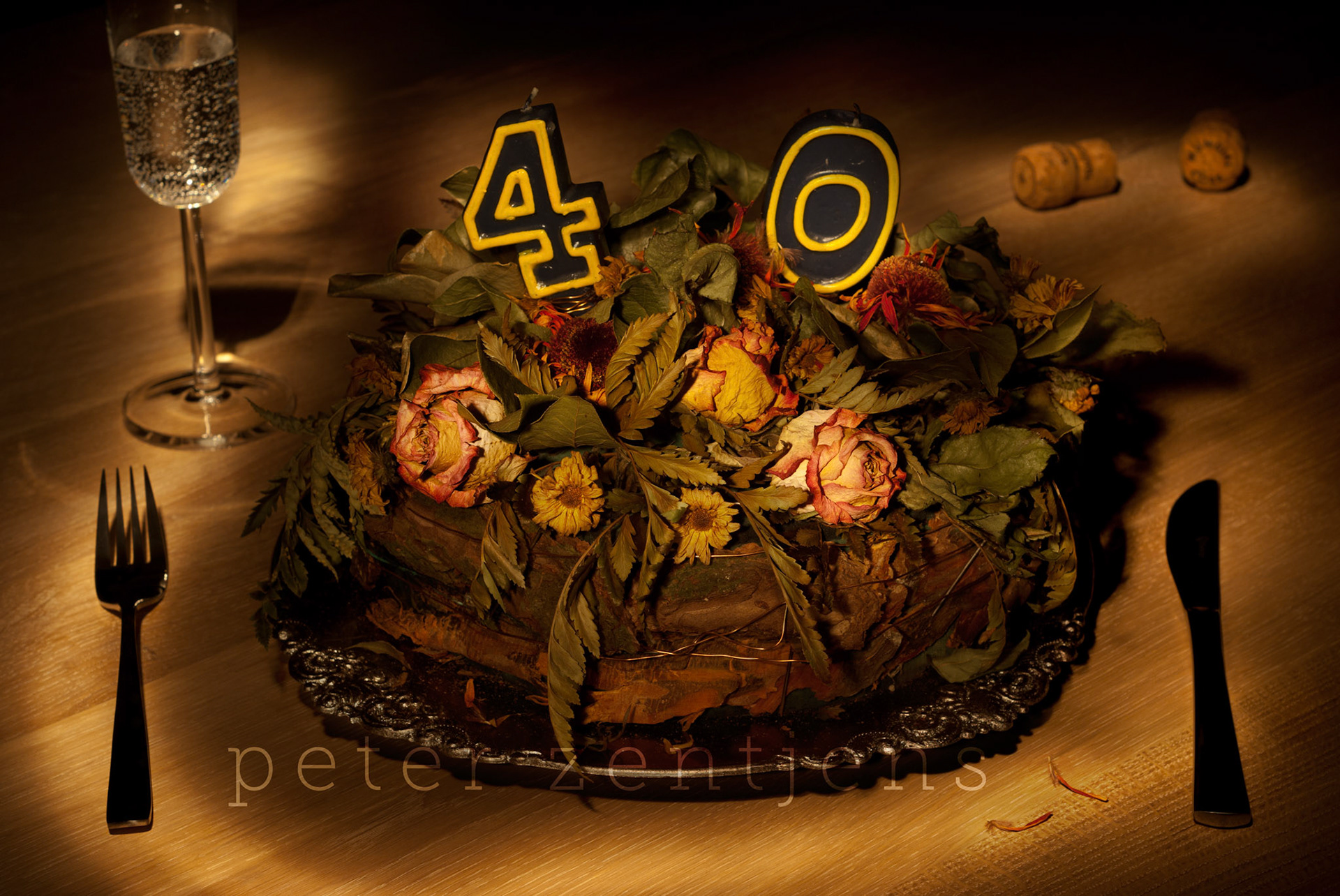 Birthday cake nr 40 - This work is an involuntary corroboration between me and my sister. Let me explain the involuntary bit. A while ago my wife turned 40 (don't tell her I told you!). As a present, my sister made this beautiful "flower cake". However, as flowers do, the cake started to wane and I started to get an idea.So I let the flowers wane and dry out. I put the cake in the attic to let it get dusty and I waited... until today.Another crossover between my nostalgia and surreal series, shot as usual with my own painted with light technique and me old and trusty Pentax combo.Thank you sis...