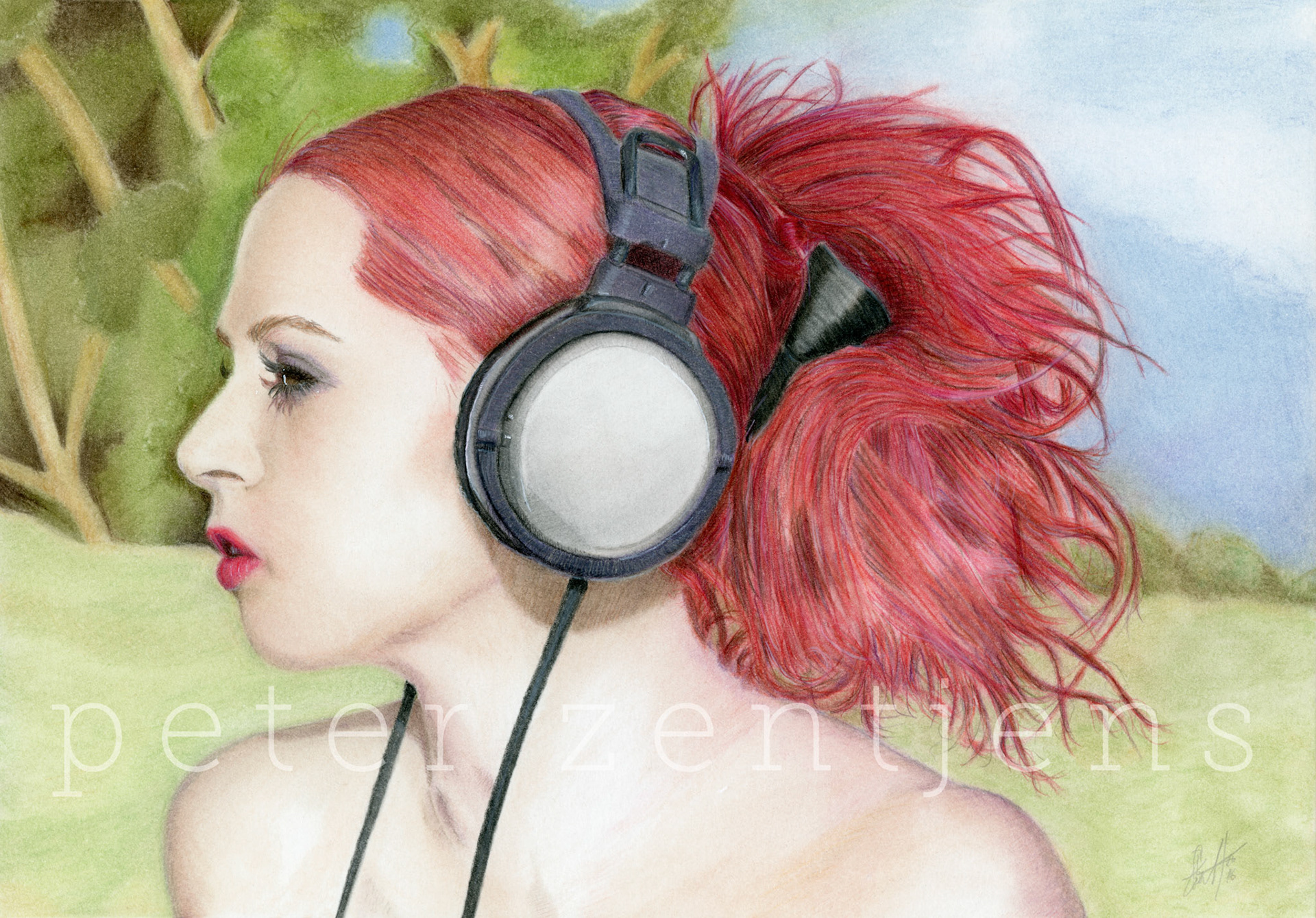 Music is life - inspired by the stock photography of Faestock (https://faestock.deviantart.com/)It was drawn in a combination of several layers of pastel and colored pencil. I use mostly Faber-Castell Polychromos, Luminance by Caran D'ache and Stabilo CarbOthello. I don't recall the paper I used.