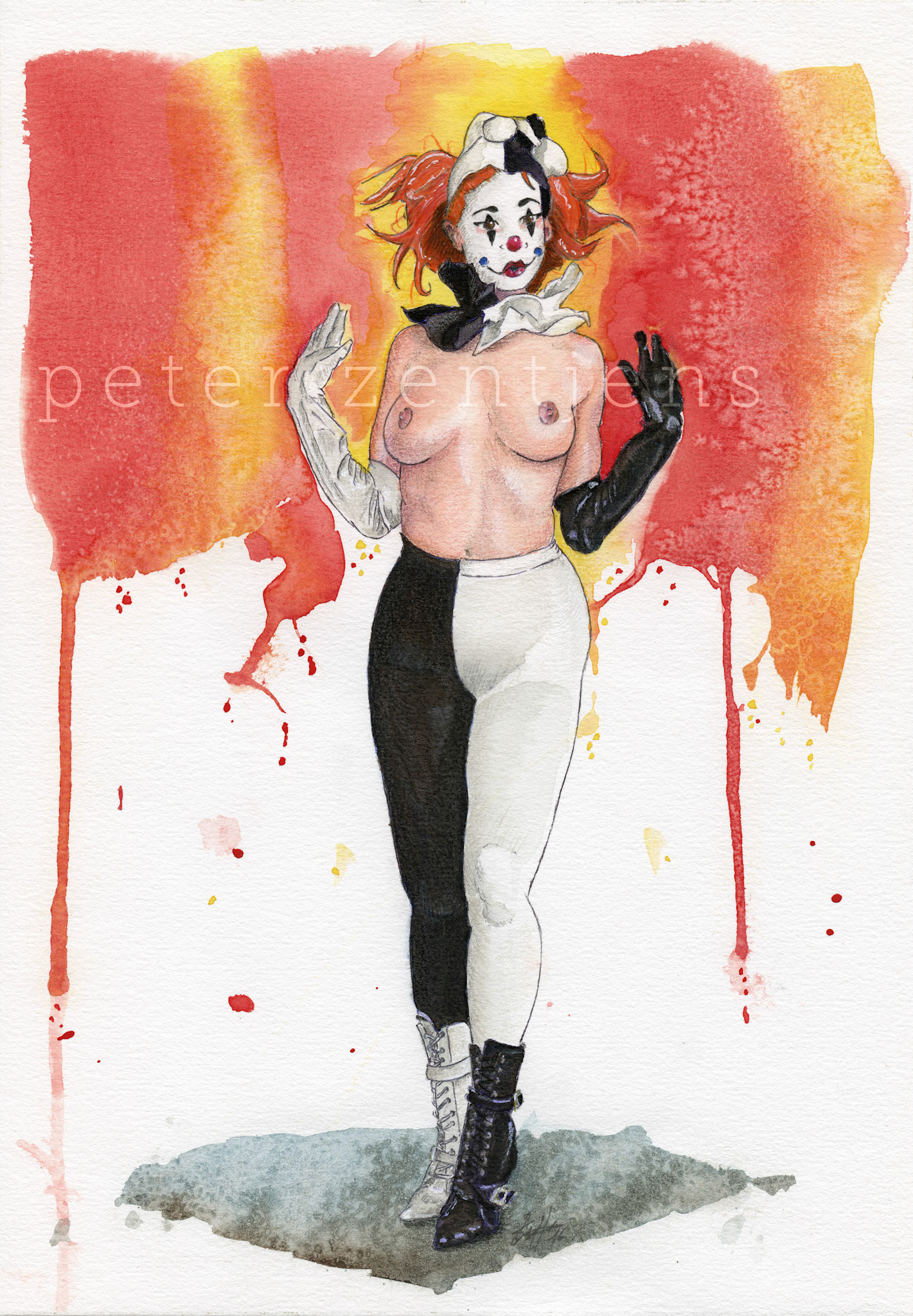 The girl clown - inspired by the stock photography of Marcus J. Ranum (https://mjranum-stock.deviantart.com)It's a mixed medium drawing, using watercolor, colored pencils and ink.