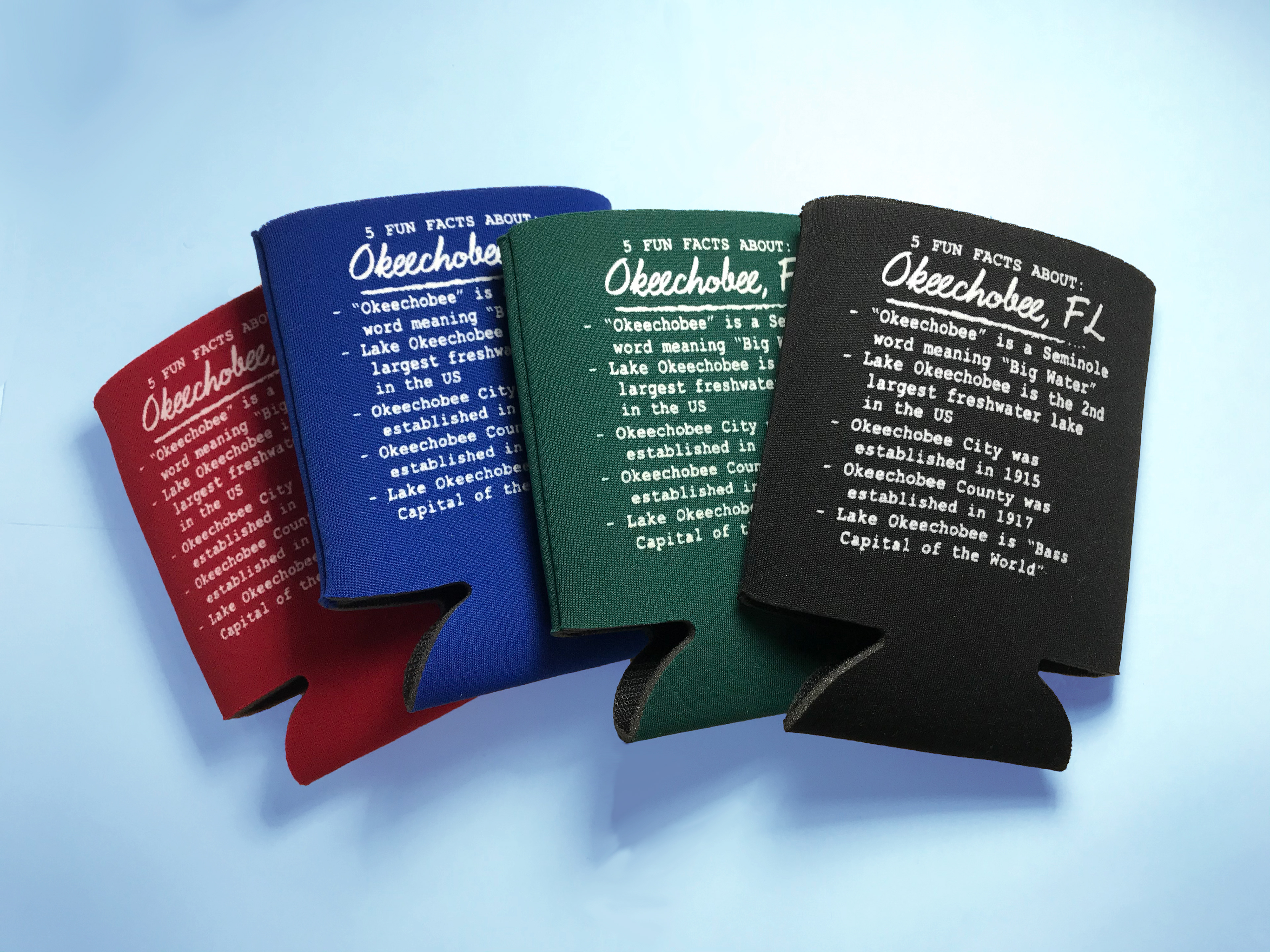 Educational koozies that share five fun facts about Okeechobee, FL