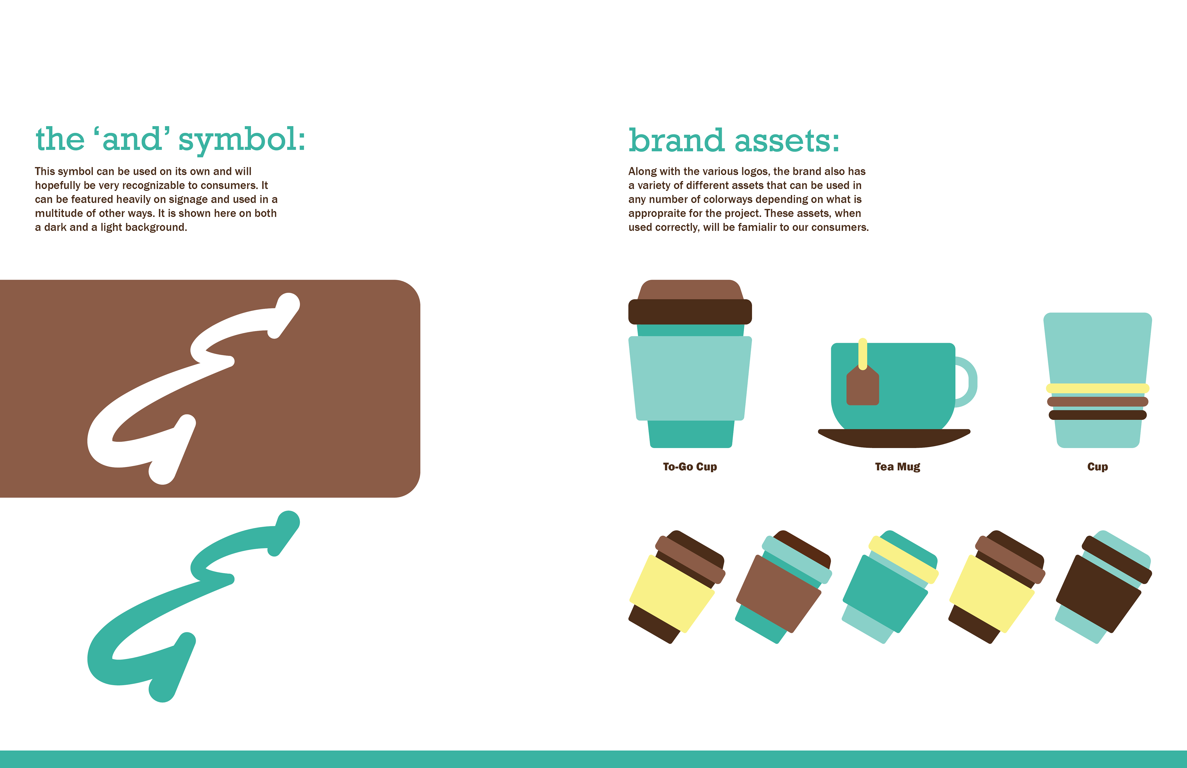 This spread showcases the 'and' symbol and other assets that can be utilized by the brand.
