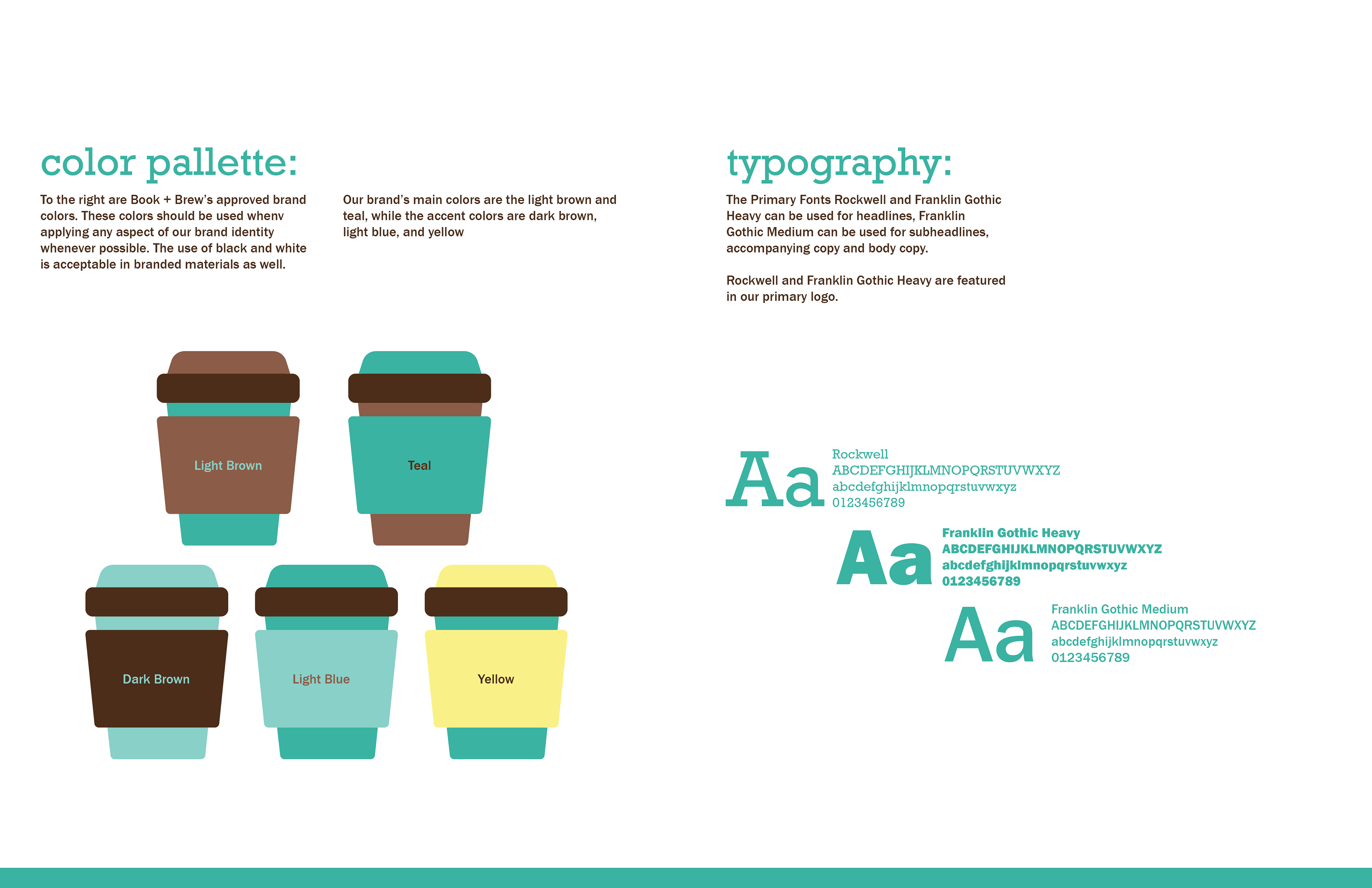 This spread goes over the color palette and typography that the brand utilizes.