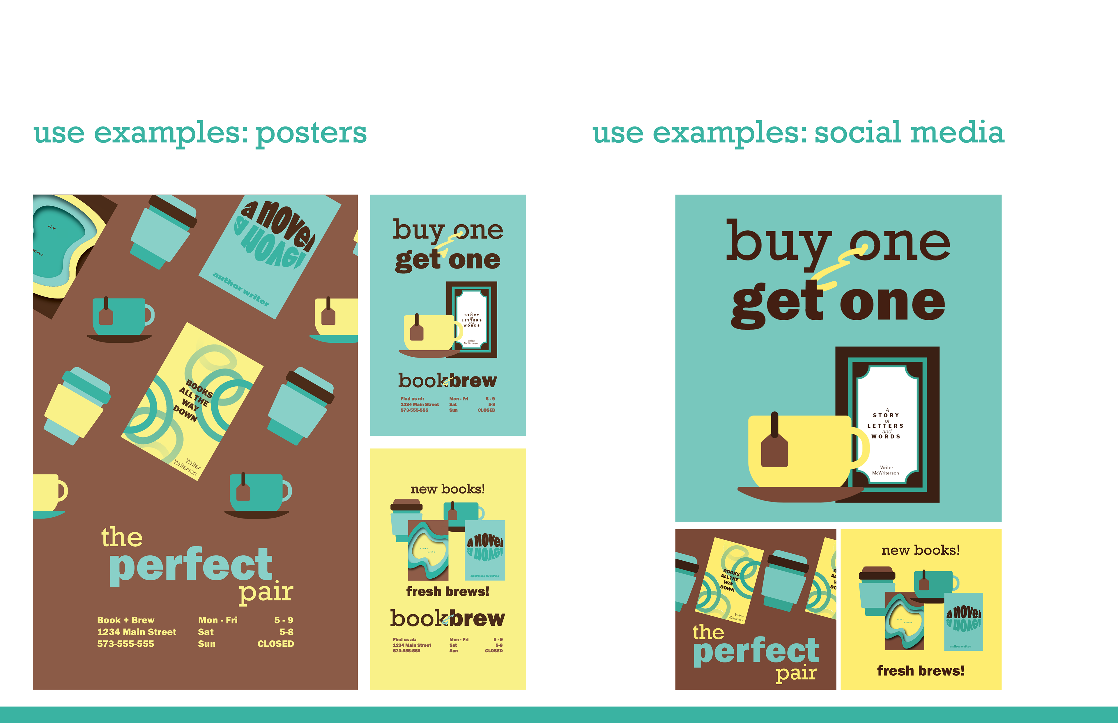 This spread shows examples of how the branding may look in use.