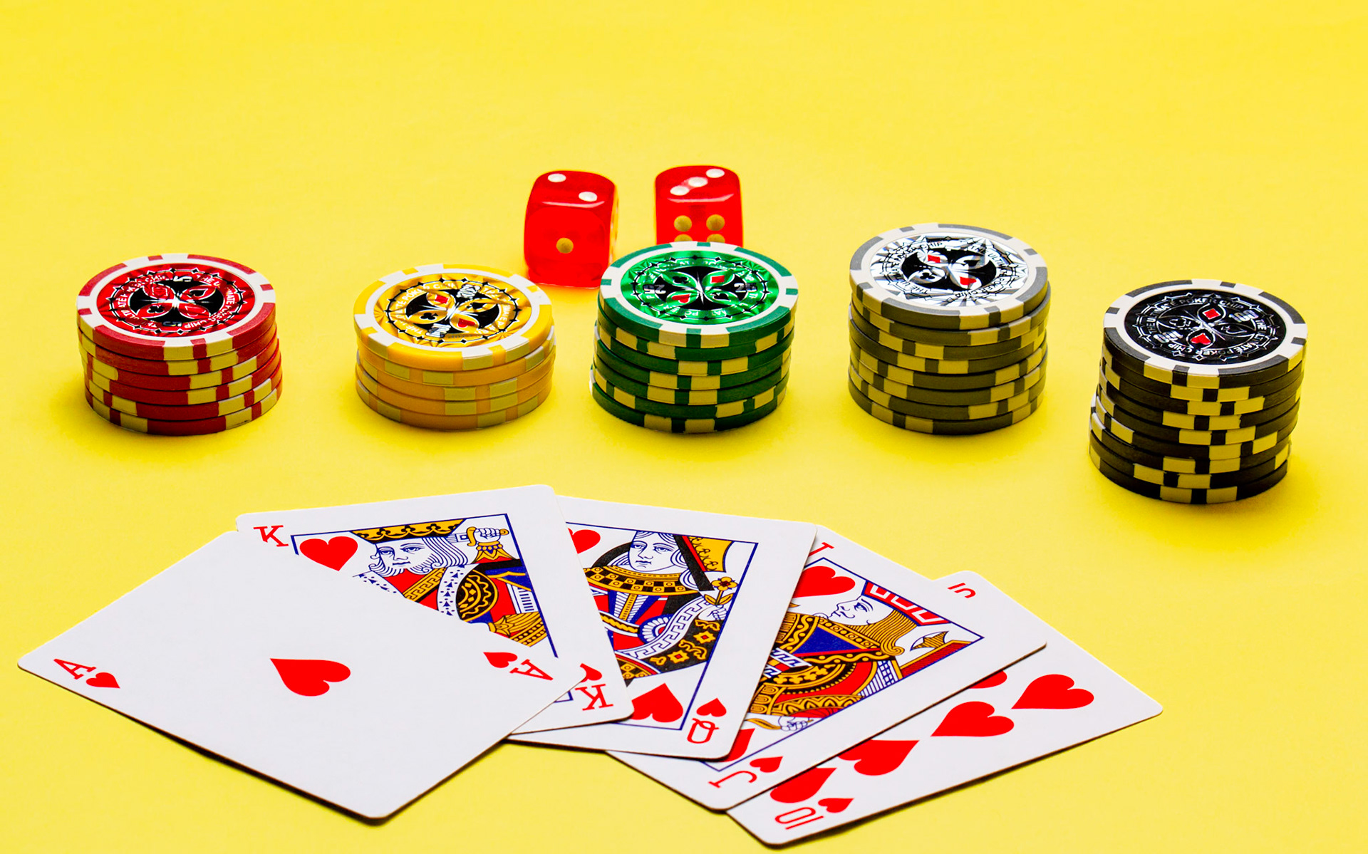 Poker chips, cards and dices