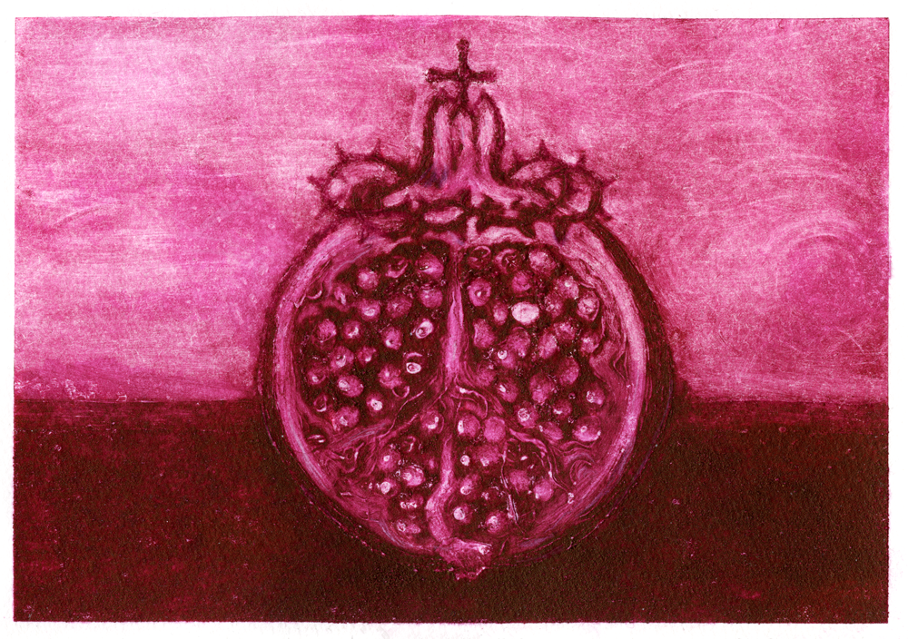 𝘚𝘢𝘤𝘳𝘦𝘥 𝘱𝘰𝘮𝘦𝘨𝘳𝘢𝘯𝘢𝘵𝘦 (2024), carborundum, 12 x 17,5cm