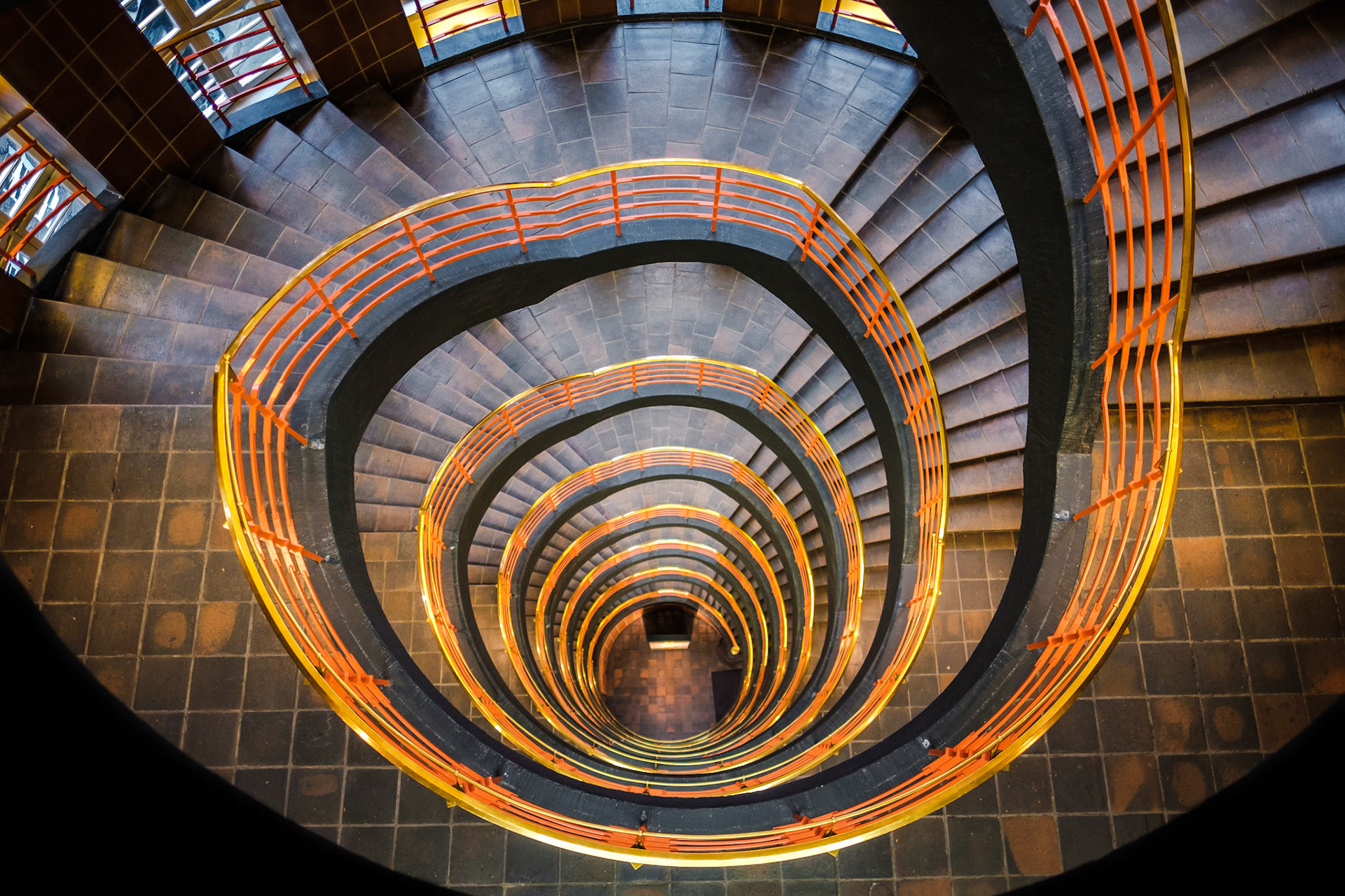 Looking down the staircase inside the Sprinkenhof