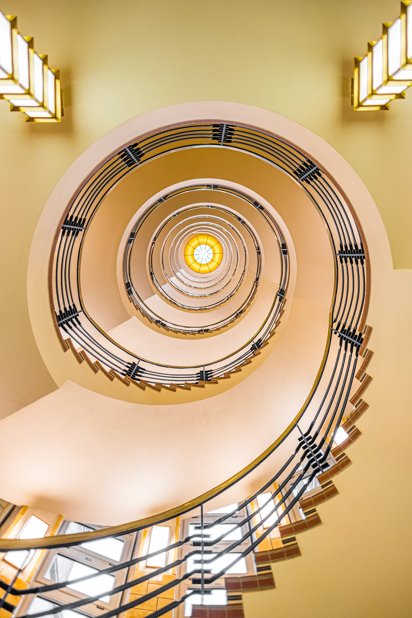 Looking up the Brahms Kontor's spiral staircase