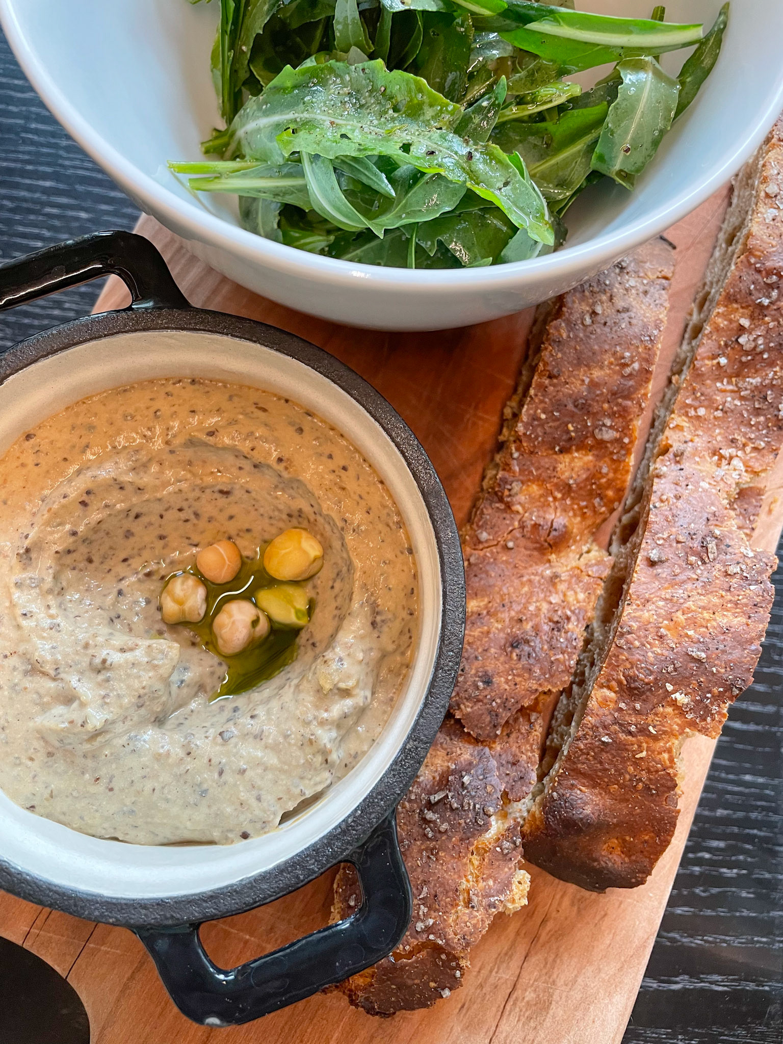 homemade Focaccia, black chickpeas hummus with pistachio