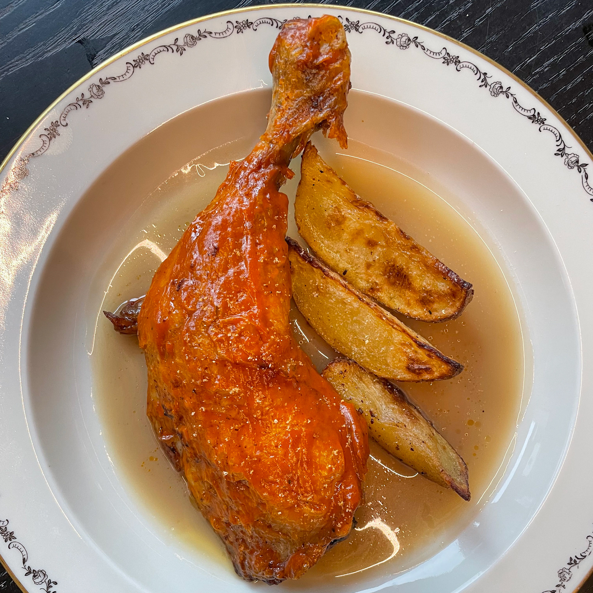 Roasted Chicken leg, baked potatoes and homemade apricot ketchup