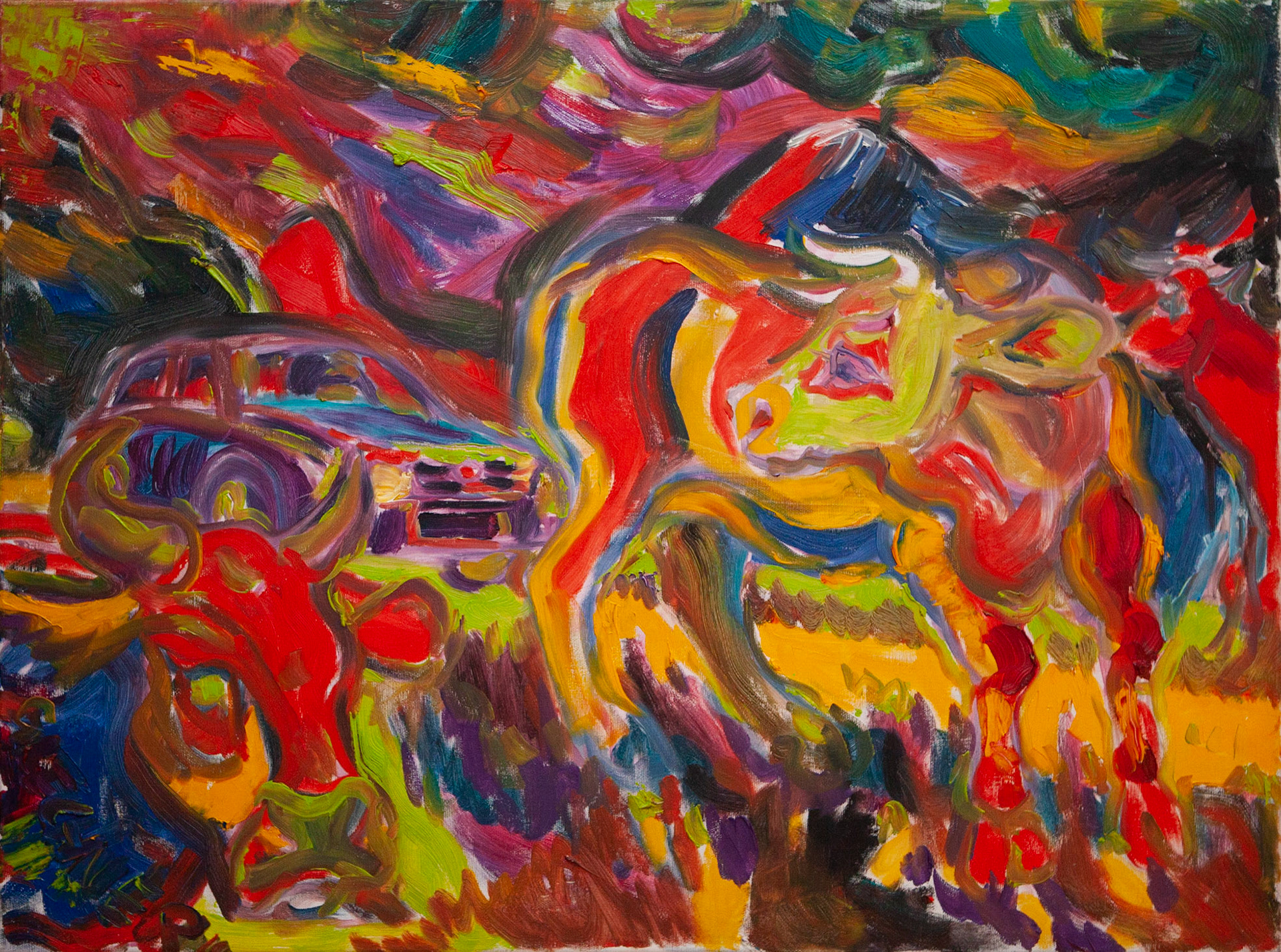 Kühe im Weg, 80 x 60 cm, Öl auf Leinwand