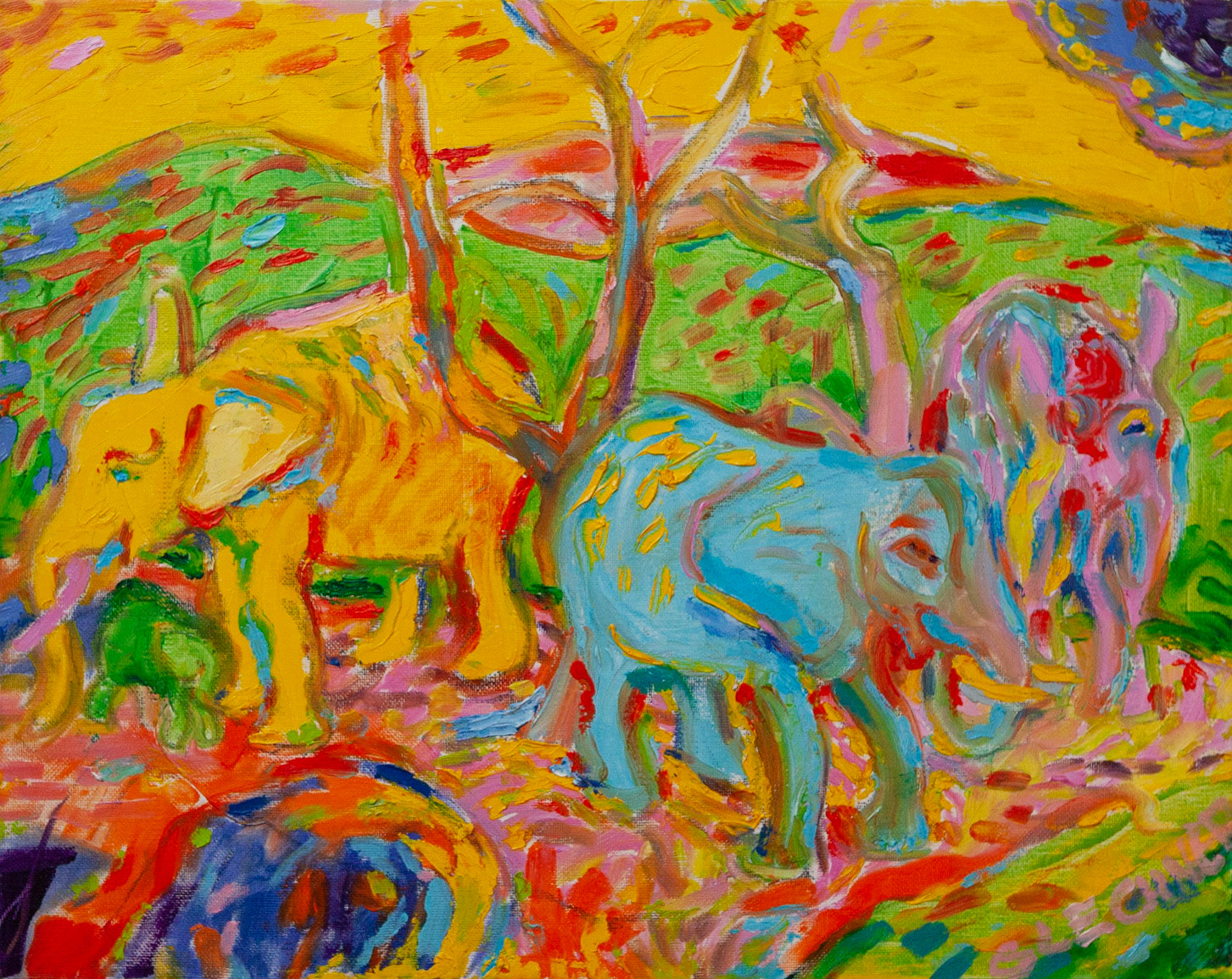 Grundfarbenelefanten, 50 x 40 cm, Öl auf Leinwand