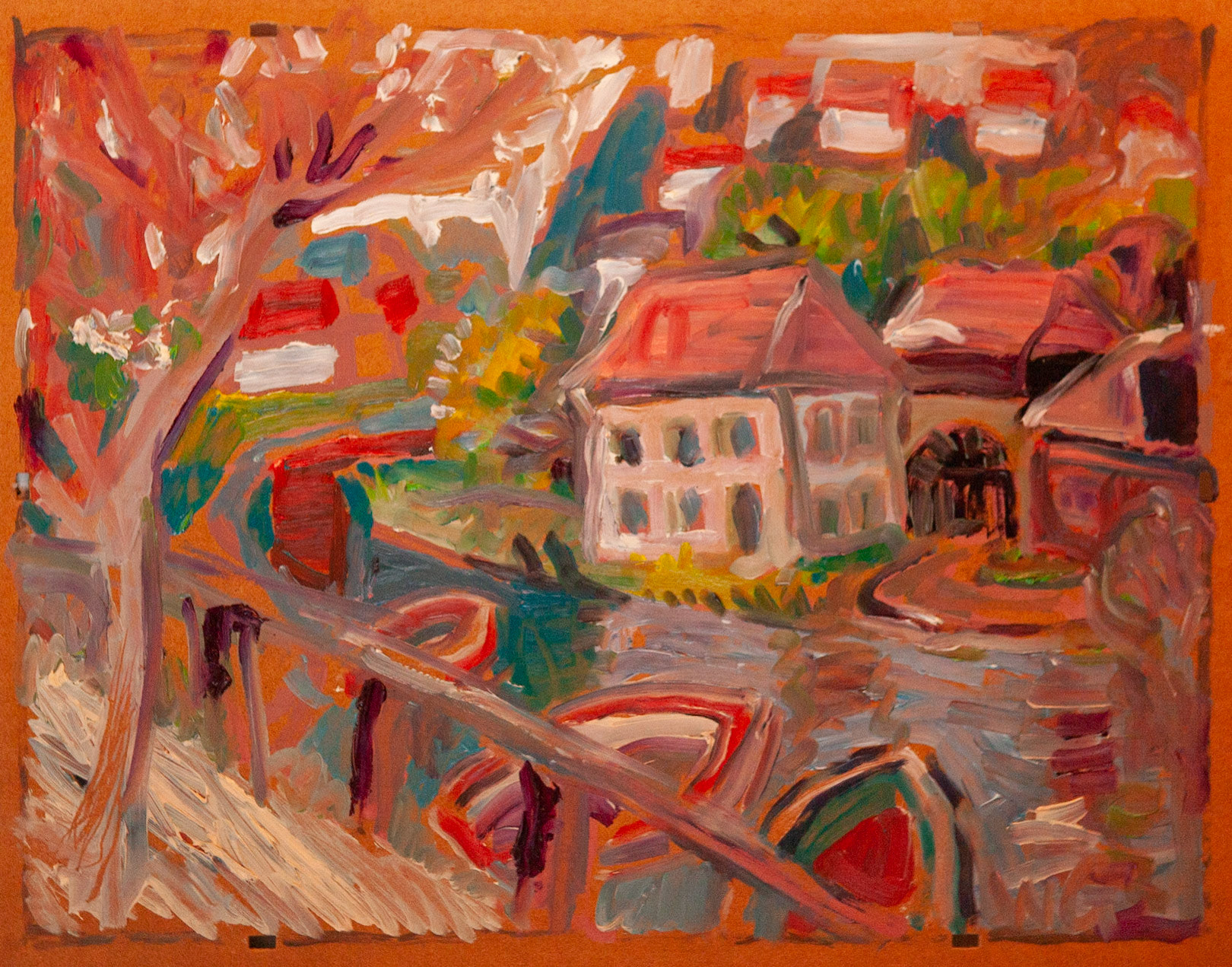 Hof am Flüsschen, 40 x 50 cm, Öl auf  Faserplatte