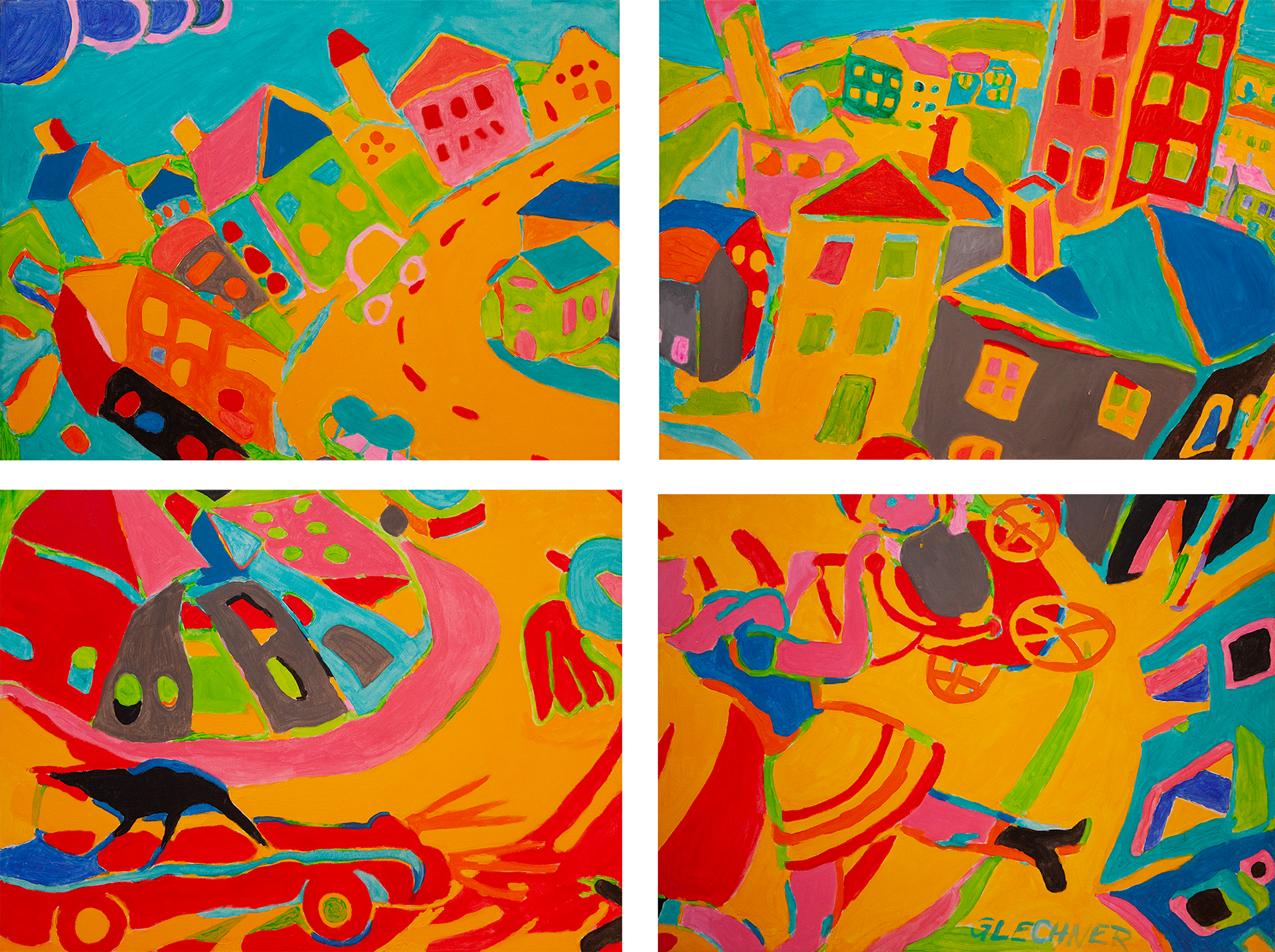 Straßenszene mit Kinderwagen, 4 Leinwände je 60 x 80 cm, Öl & Acryl auf Leinwand