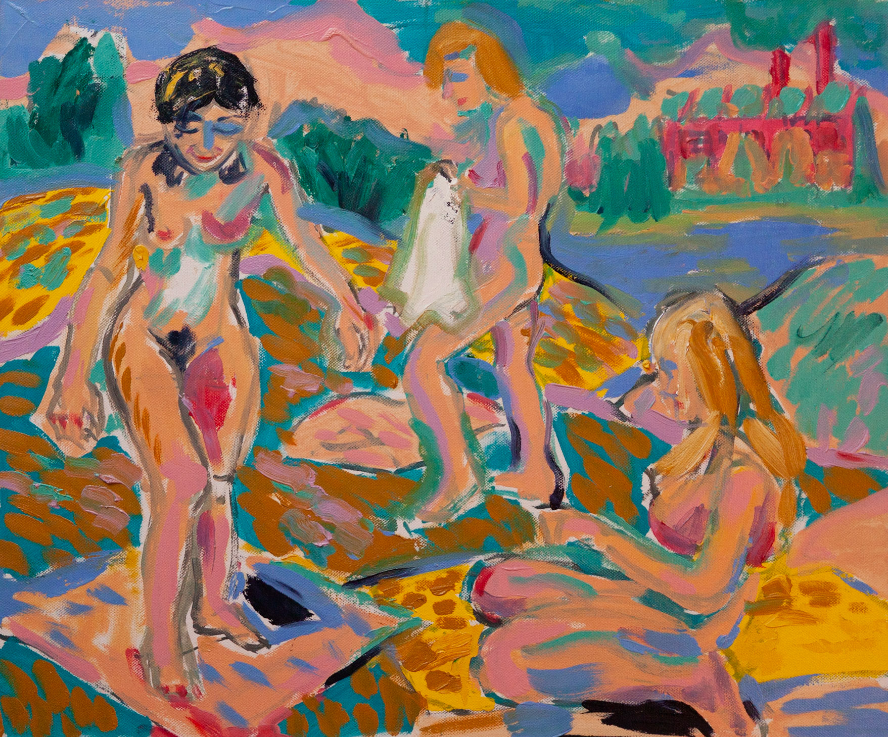 Badende am Ziegelteich, 50 x 60 cm, Öl auf Leinwand